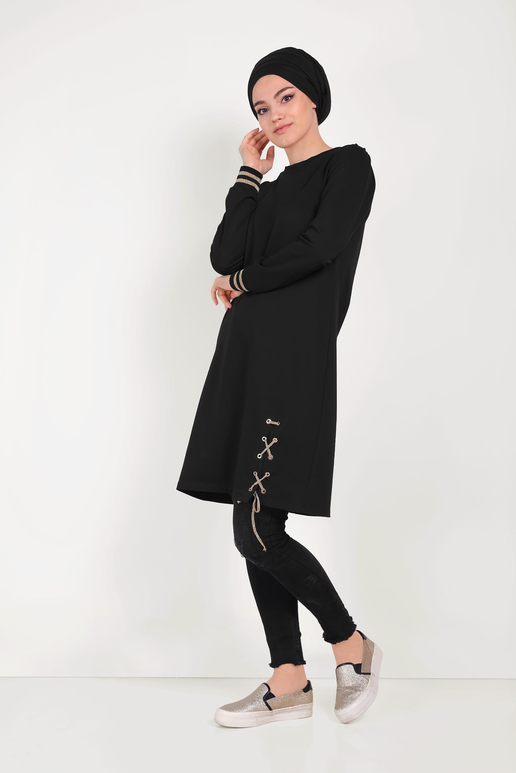Tesettür giyim SİYAH YANDAN BAĞCIK DETAYLI EŞOFMAN TUNİK 40483