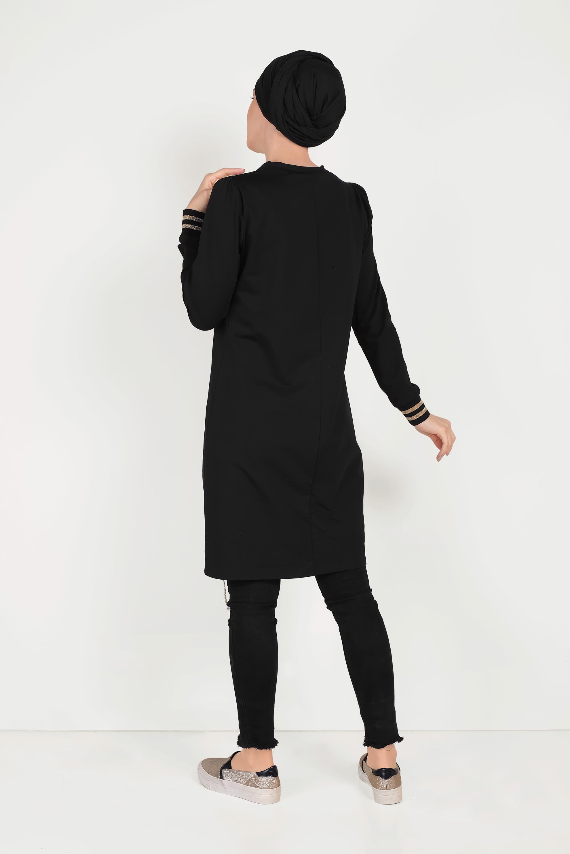 Tesettür giyim SİYAH YANDAN BAĞCIK DETAYLI EŞOFMAN TUNİK 40483