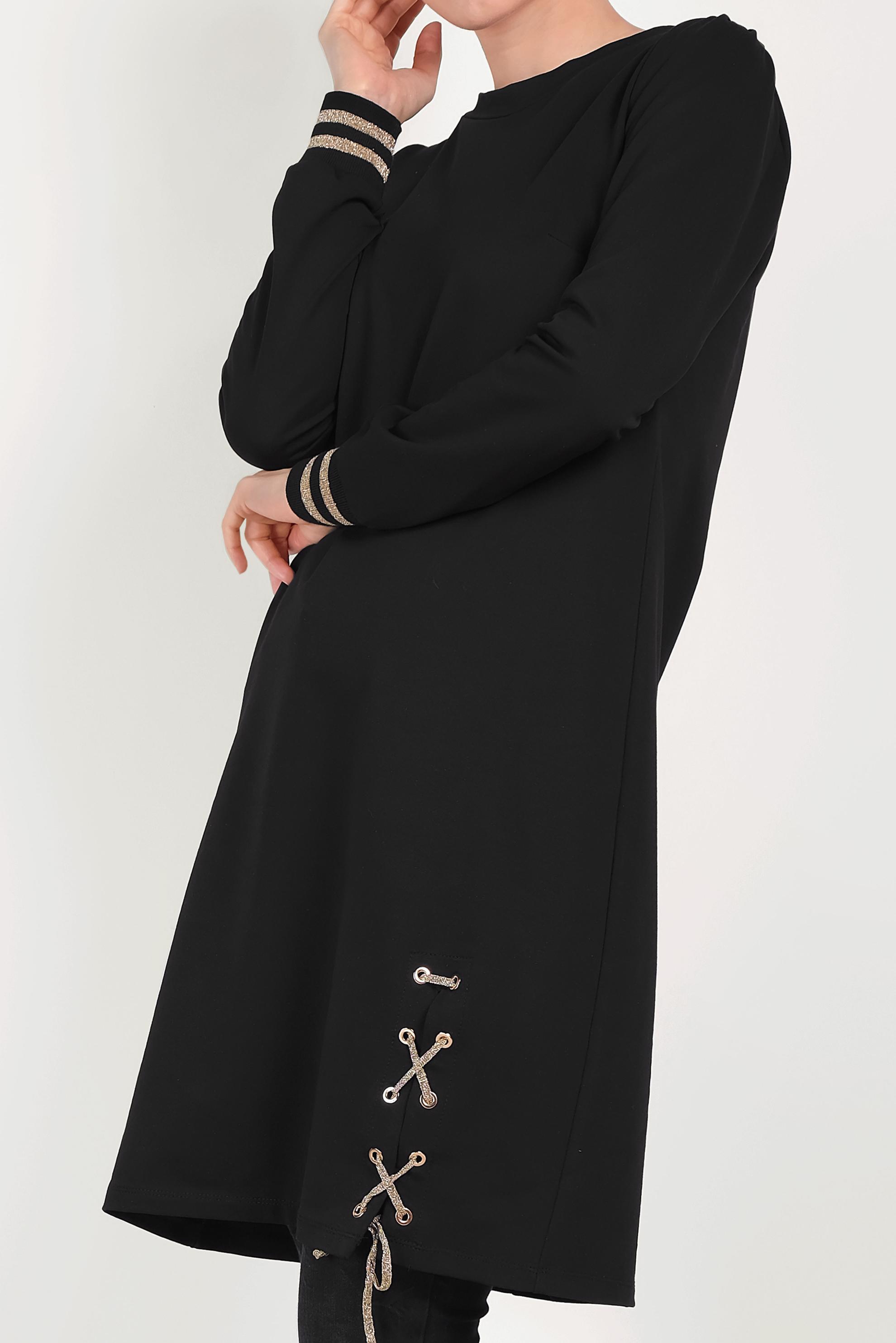 Tesettür giyim SİYAH YANDAN BAĞCIK DETAYLI EŞOFMAN TUNİK 40483