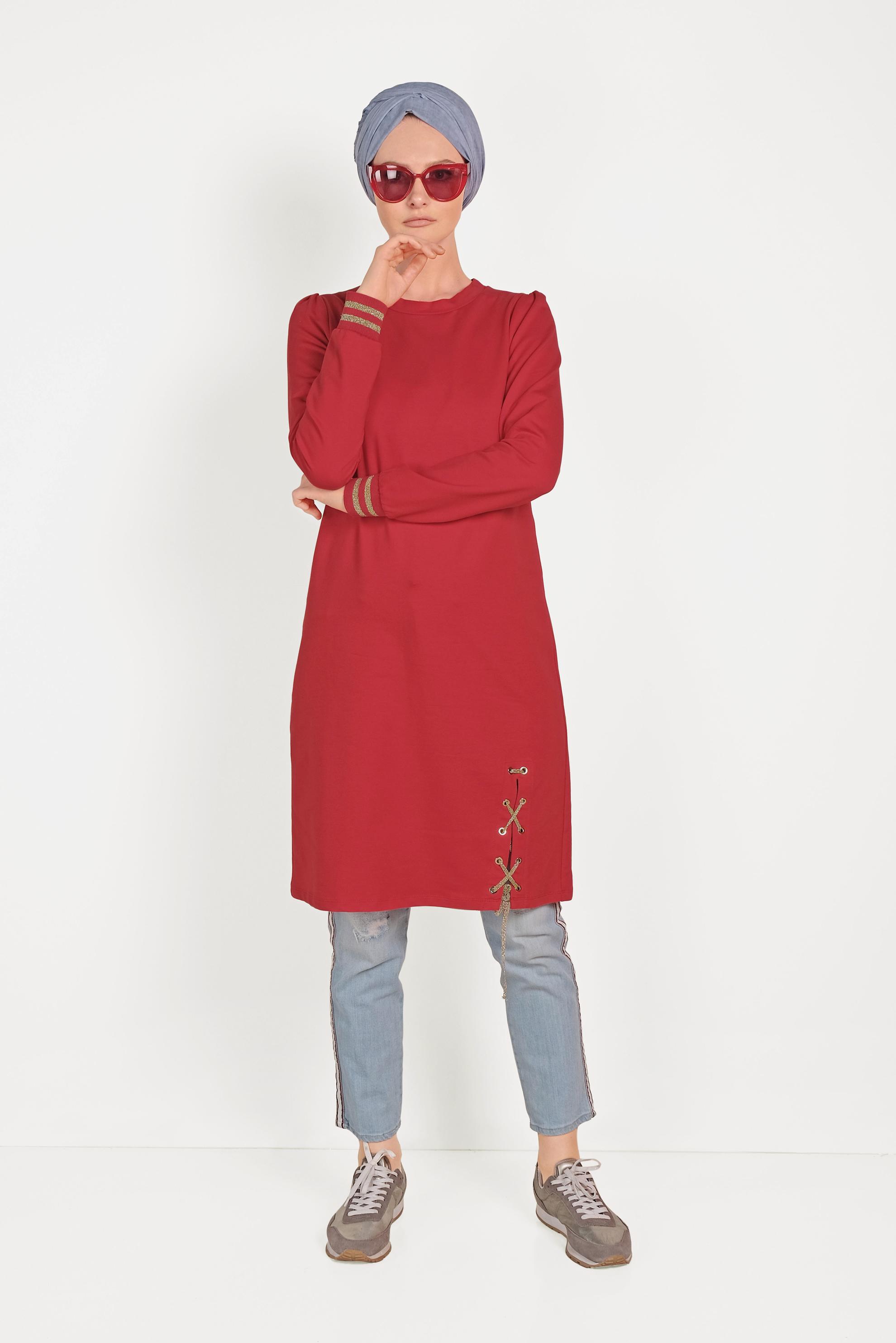 Tesettür giyim KIRMIZI YANDAN BAĞCIK DETAYLI EŞOFMAN TUNİK 40483