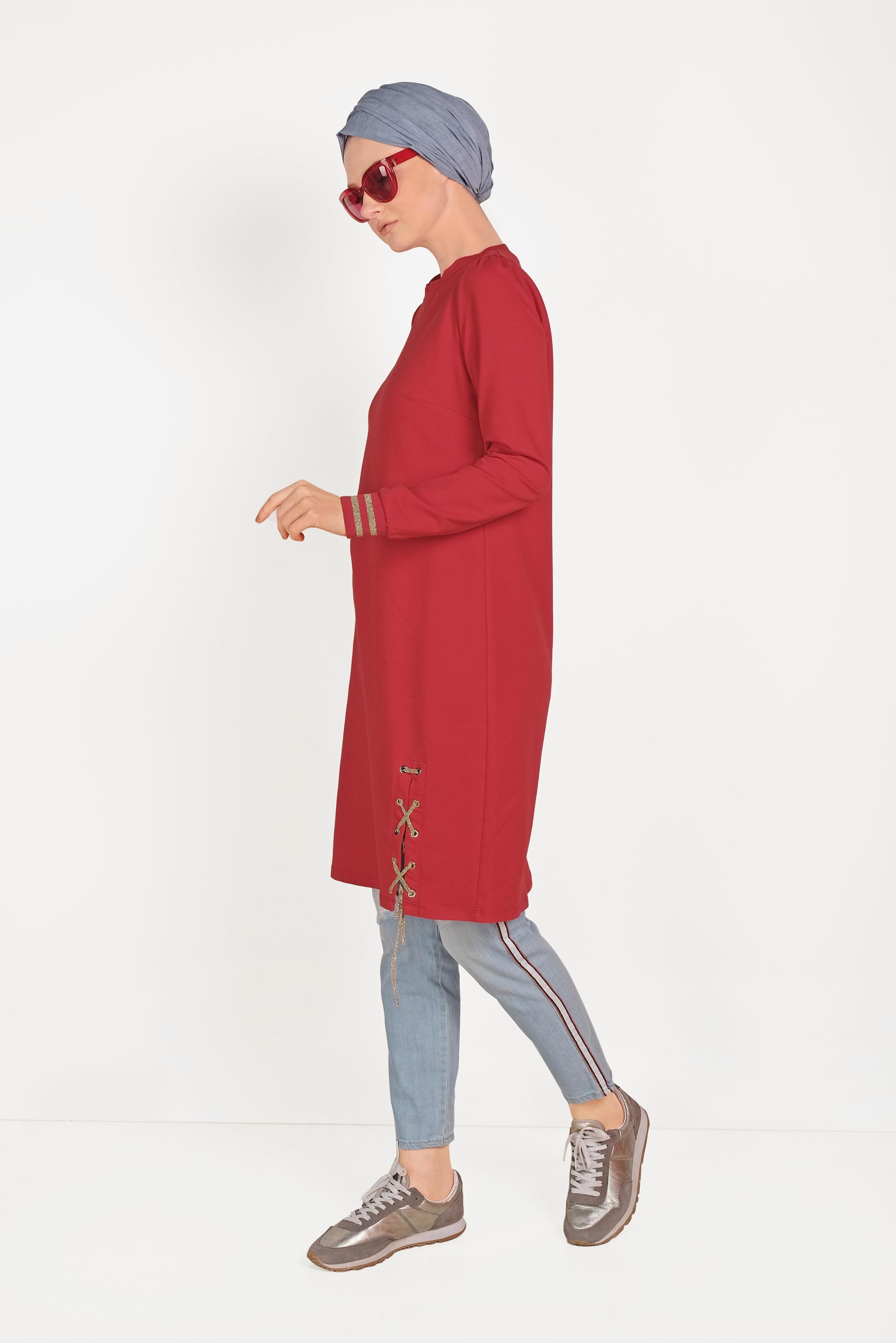 Tesettür giyim KIRMIZI YANDAN BAĞCIK DETAYLI EŞOFMAN TUNİK 40483