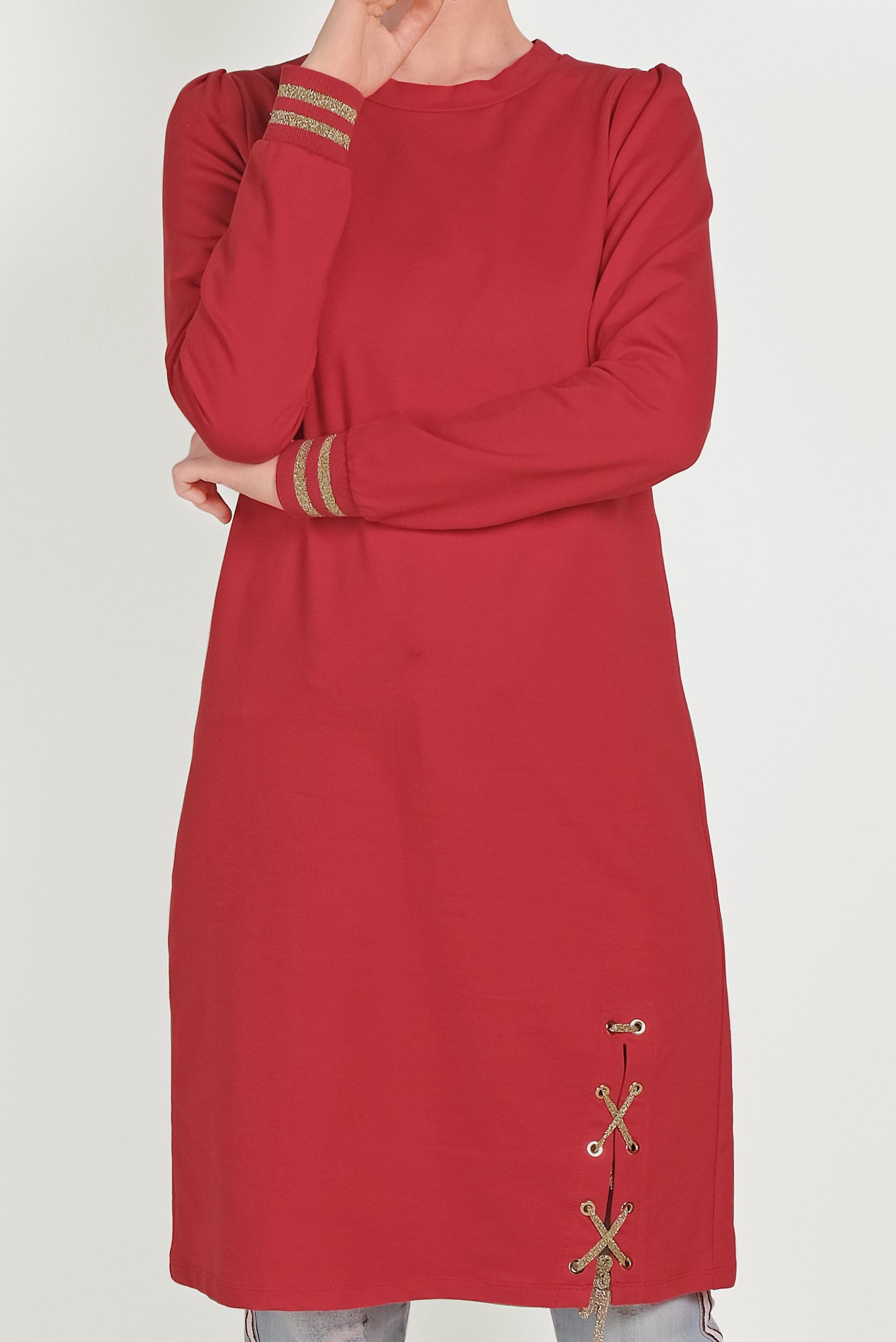 Tesettür giyim KIRMIZI YANDAN BAĞCIK DETAYLI EŞOFMAN TUNİK 40483