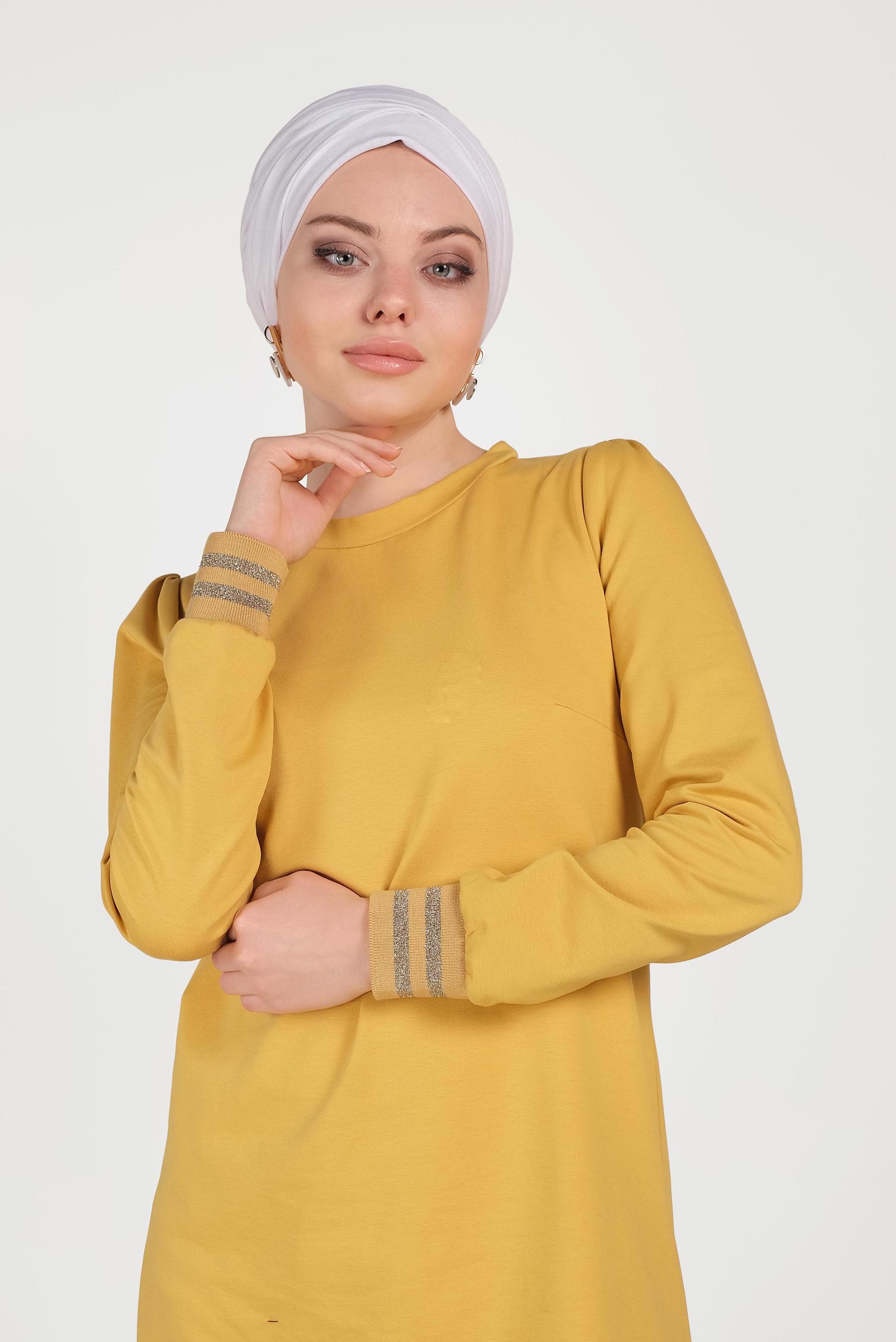 Tesettür giyim SARI YANDAN BAĞCIK DETAYLI EŞOFMAN TUNİK 40483