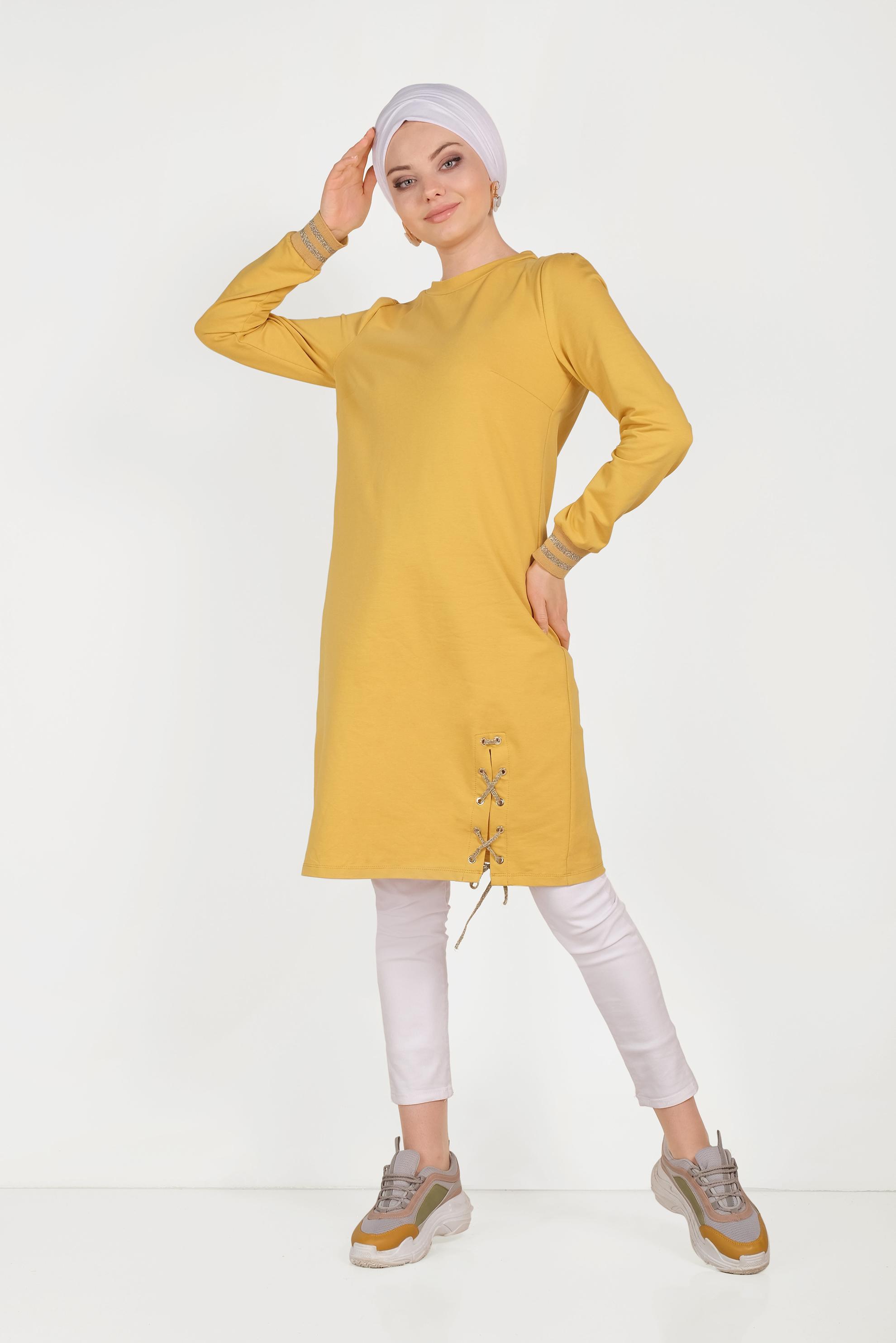 Tesettür giyim SARI YANDAN BAĞCIK DETAYLI EŞOFMAN TUNİK 40483