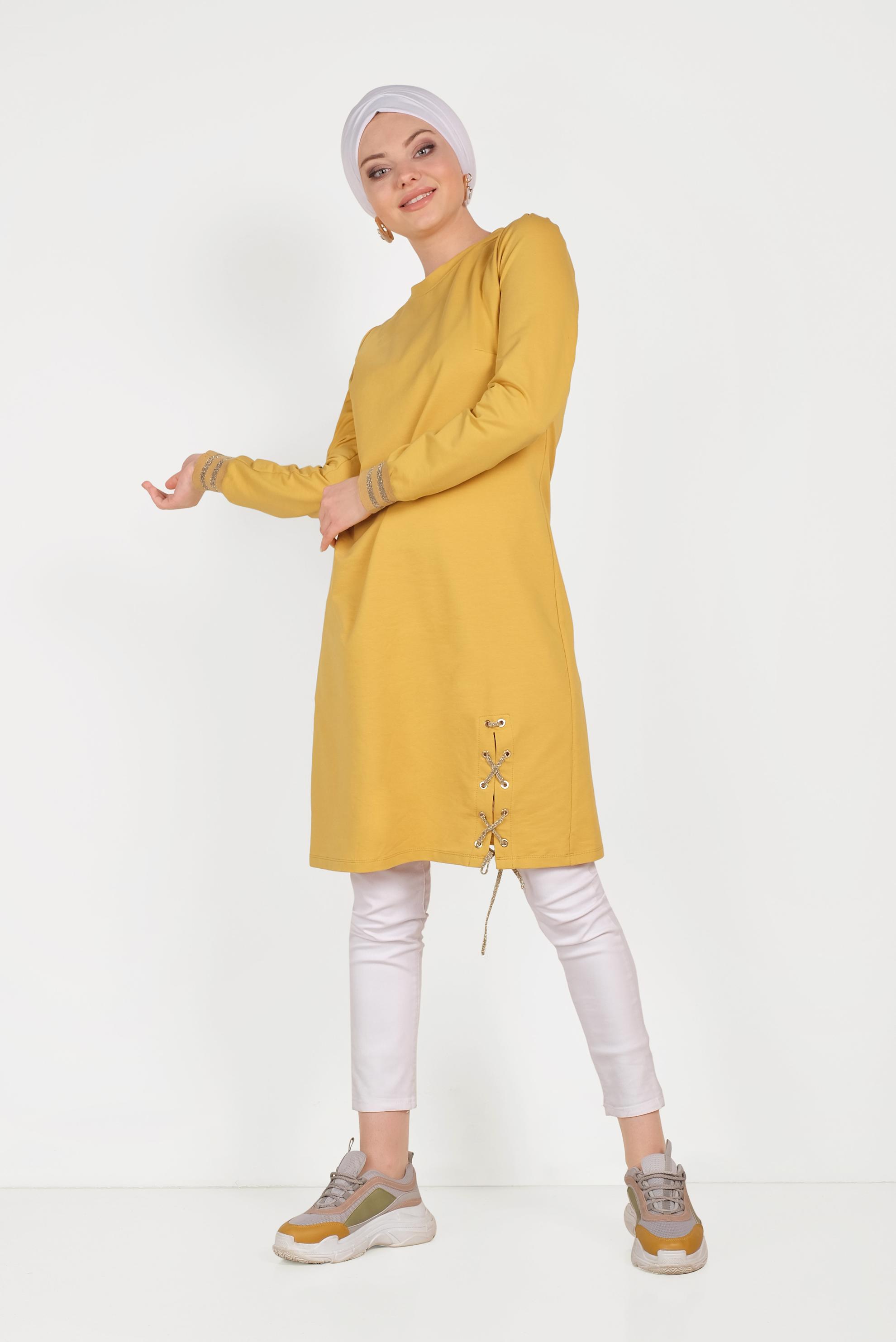 Tesettür giyim SARI YANDAN BAĞCIK DETAYLI EŞOFMAN TUNİK 40483