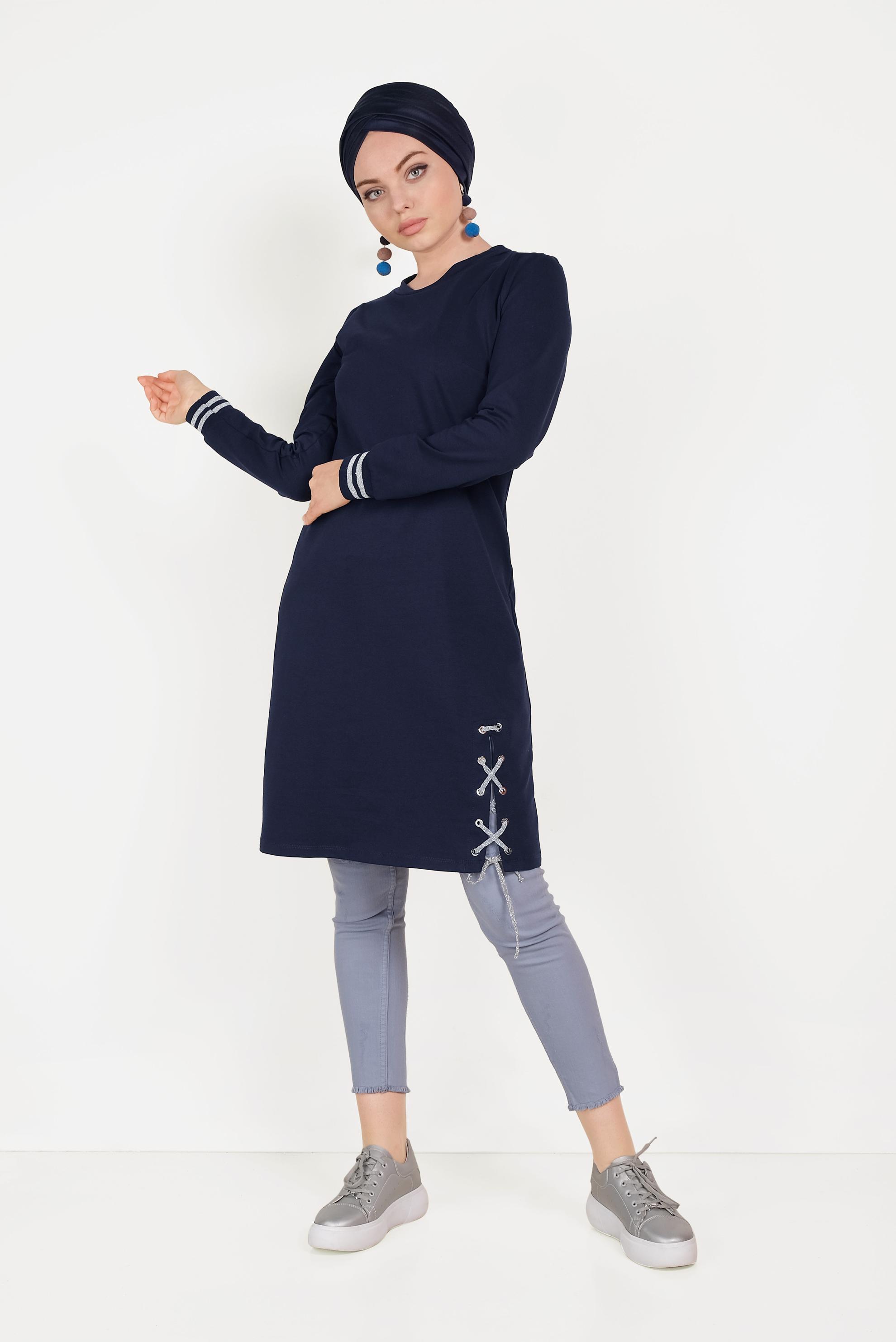 Tesettür giyim LACİVERT YANDAN BAĞCIK DETAYLI EŞOFMAN TUNİK 40483