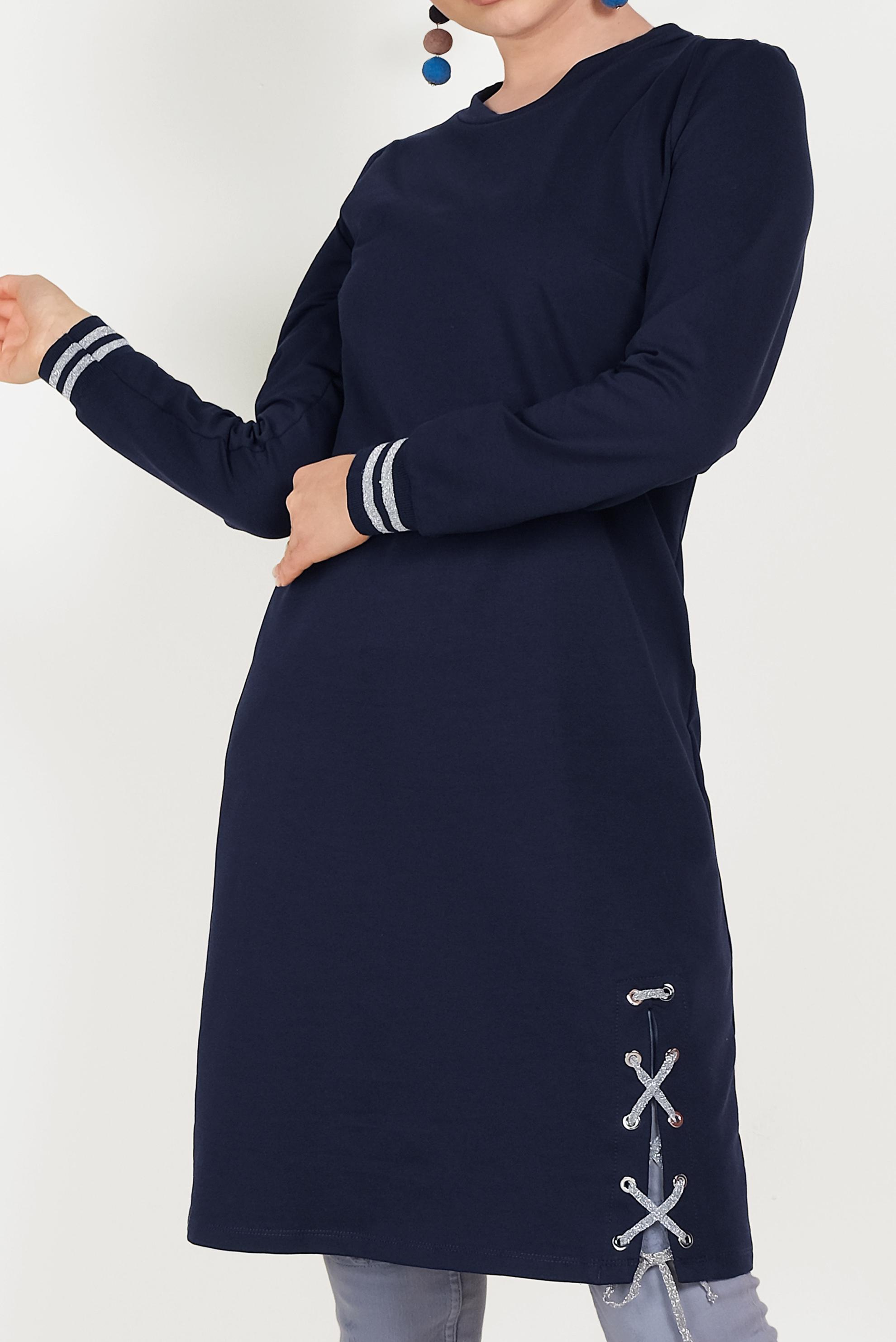 Tesettür giyim LACİVERT YANDAN BAĞCIK DETAYLI EŞOFMAN TUNİK 40483