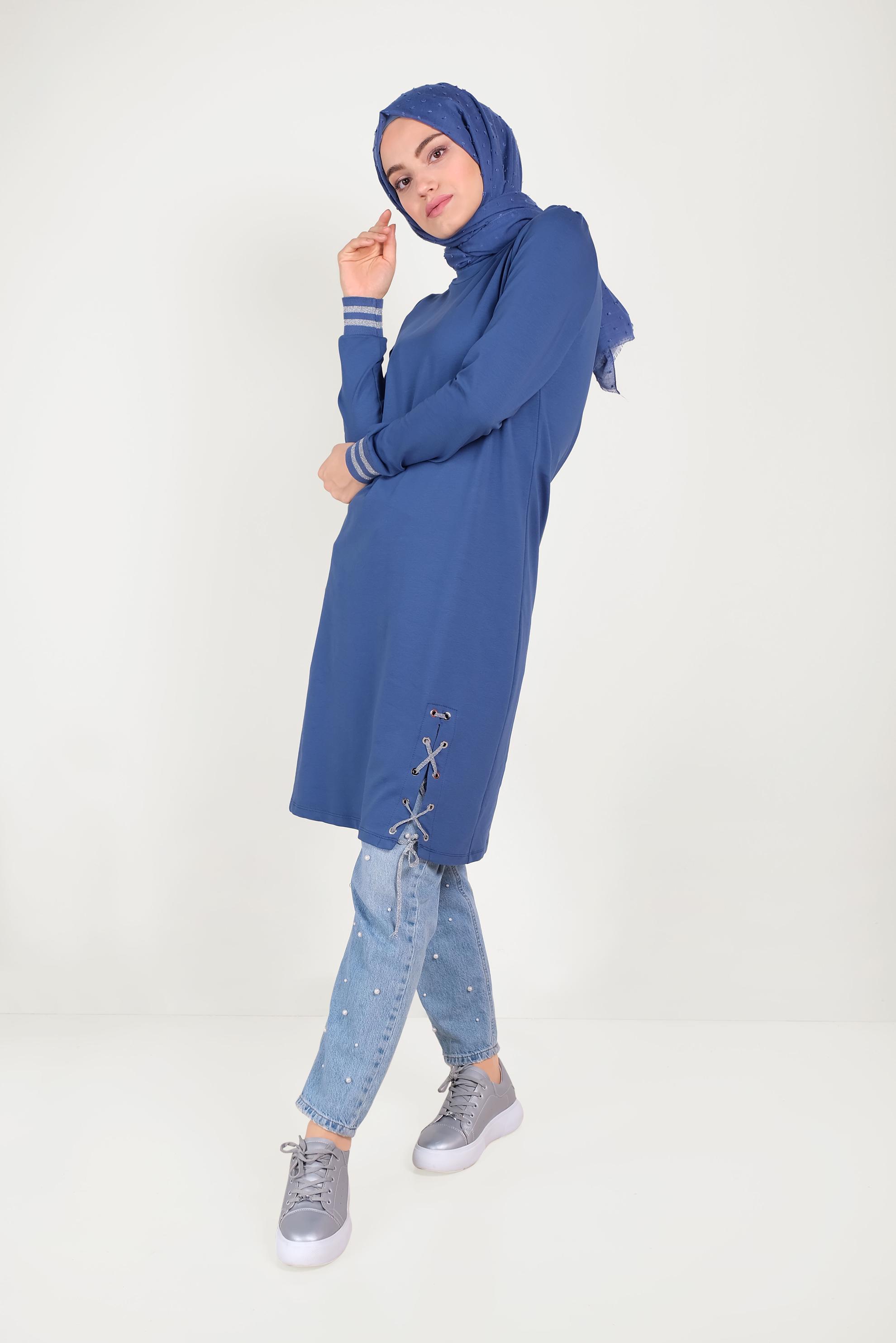 Tesettür giyim LACİVERT YANDAN BAĞCIK DETAYLI EŞOFMAN TUNİK 40483