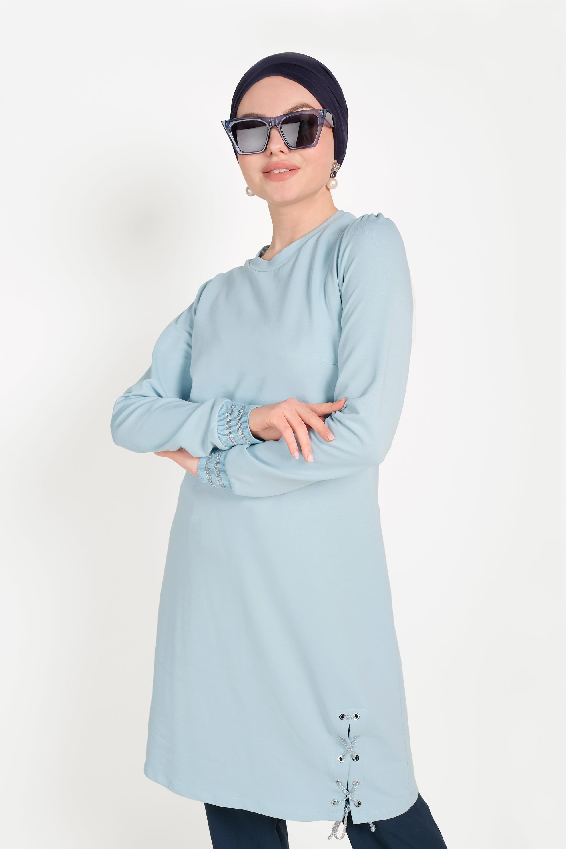 Tesettür giyim MAVİ YANDAN BAĞCIK DETAYLI EŞOFMAN TUNİK 40483