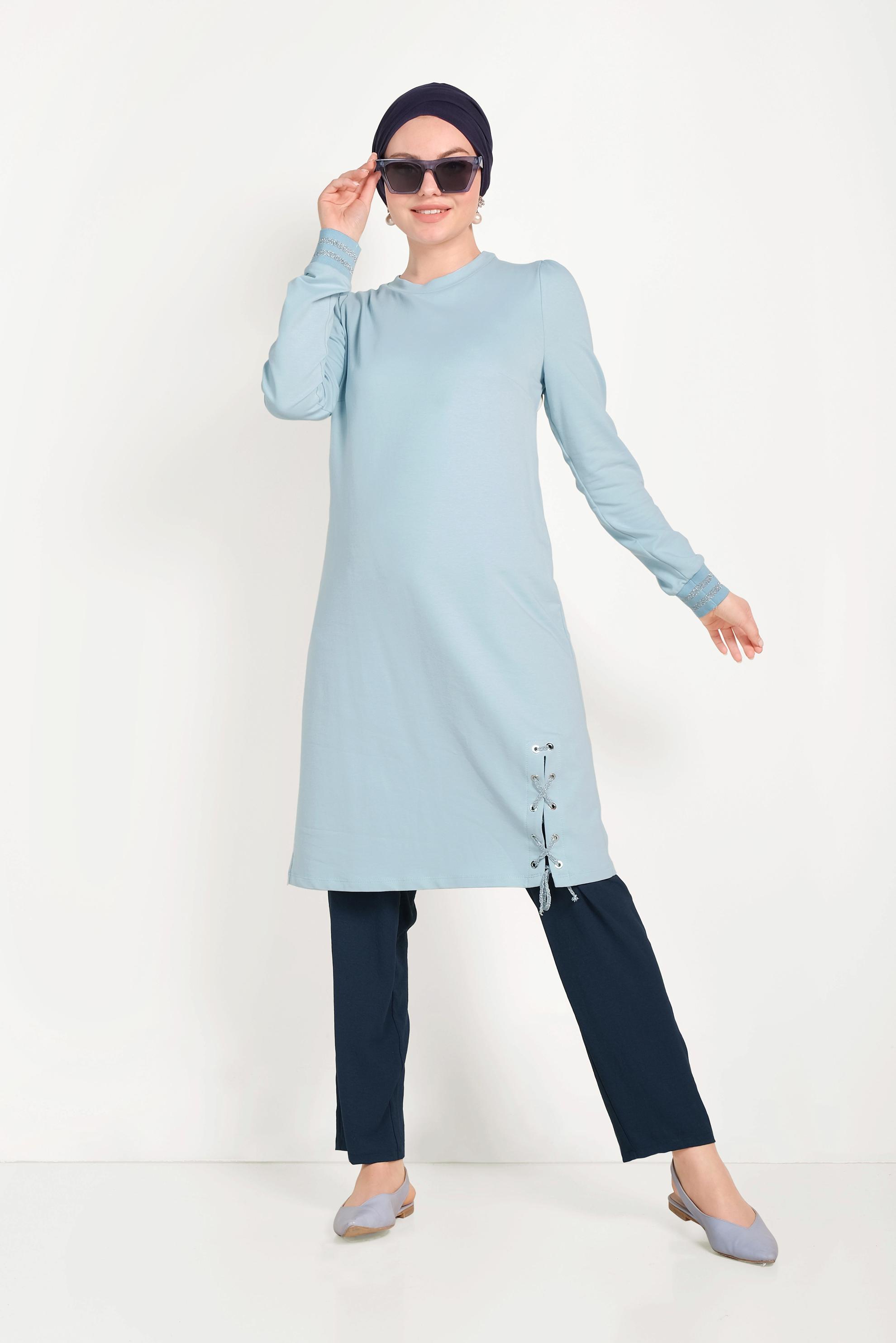 Tesettür giyim MAVİ YANDAN BAĞCIK DETAYLI EŞOFMAN TUNİK 40483