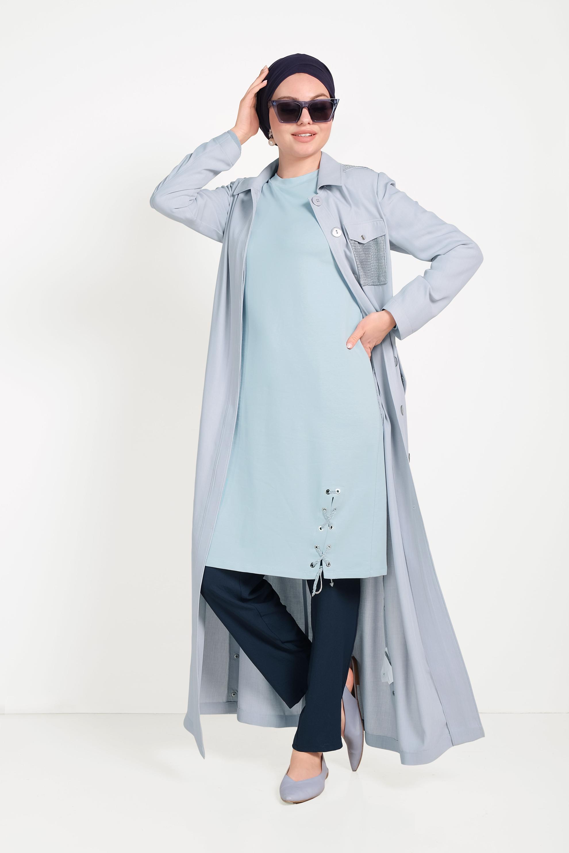 Tesettür giyim MAVİ YANDAN BAĞCIK DETAYLI EŞOFMAN TUNİK 40483