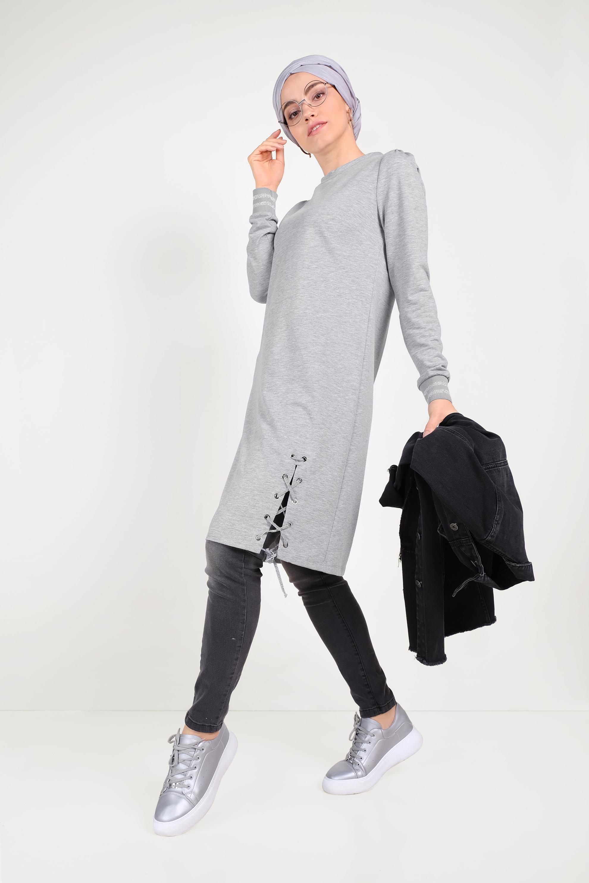 Tesettür giyim GRİ YANDAN BAĞCIK DETAYLI EŞOFMAN TUNİK 40483