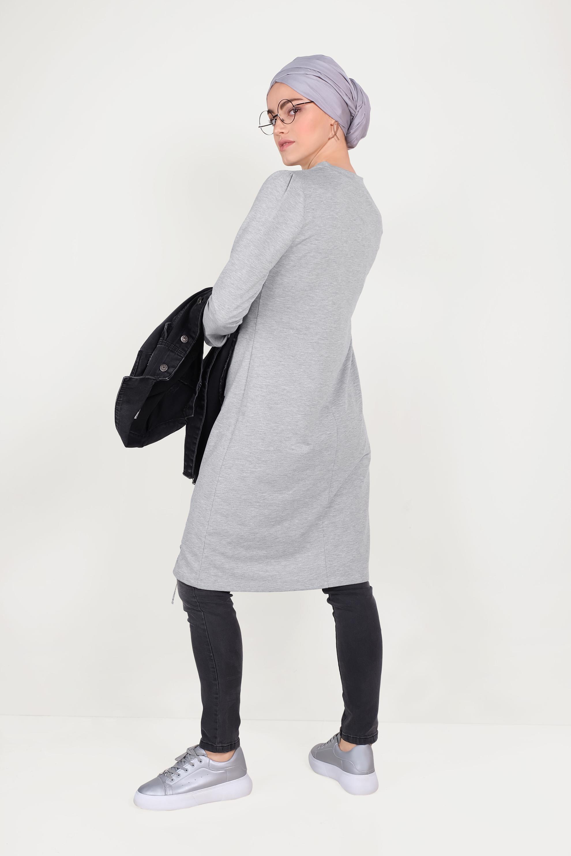 Tesettür giyim GRİ YANDAN BAĞCIK DETAYLI EŞOFMAN TUNİK 40483