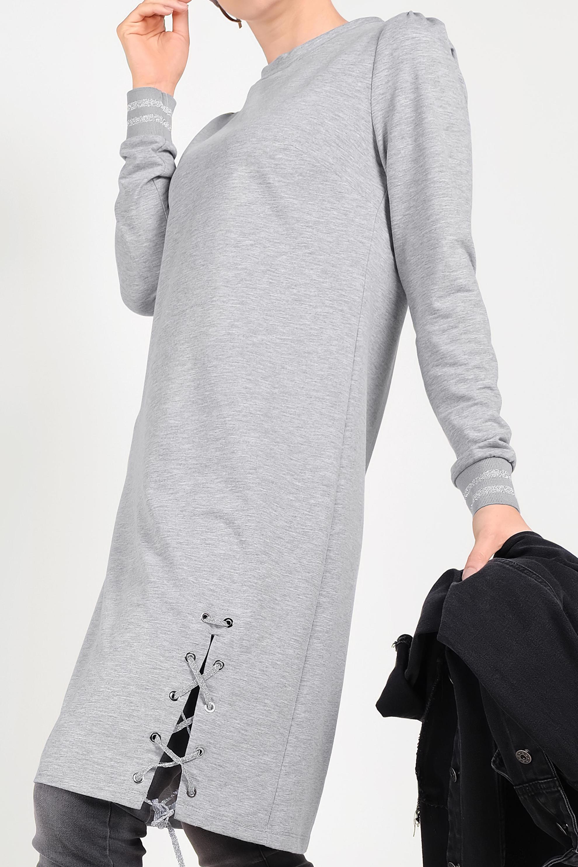 Tesettür giyim GRİ YANDAN BAĞCIK DETAYLI EŞOFMAN TUNİK 40483