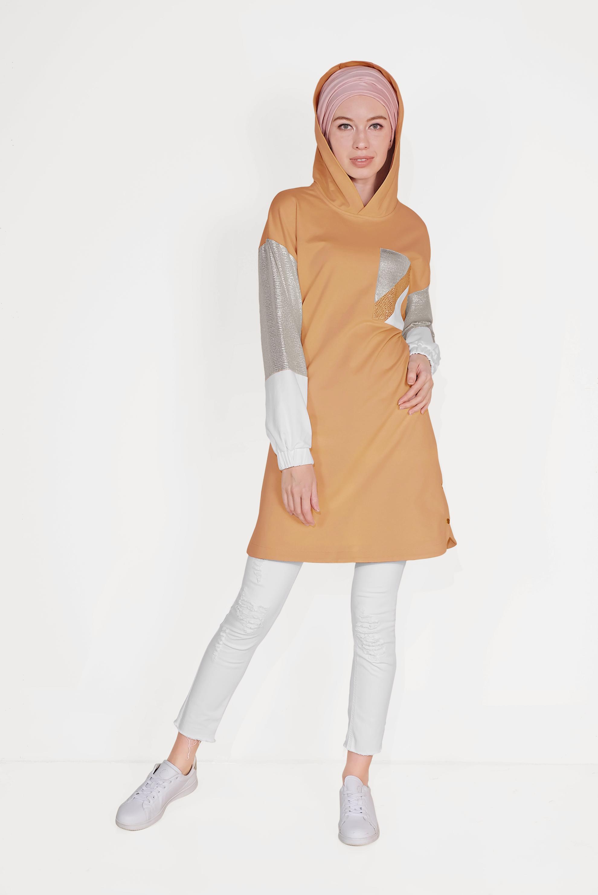 Tesettür giyim KAHVE YANI ÇITÇITLI KAPÜŞONLU EŞOFMAN TUNİK 40608 