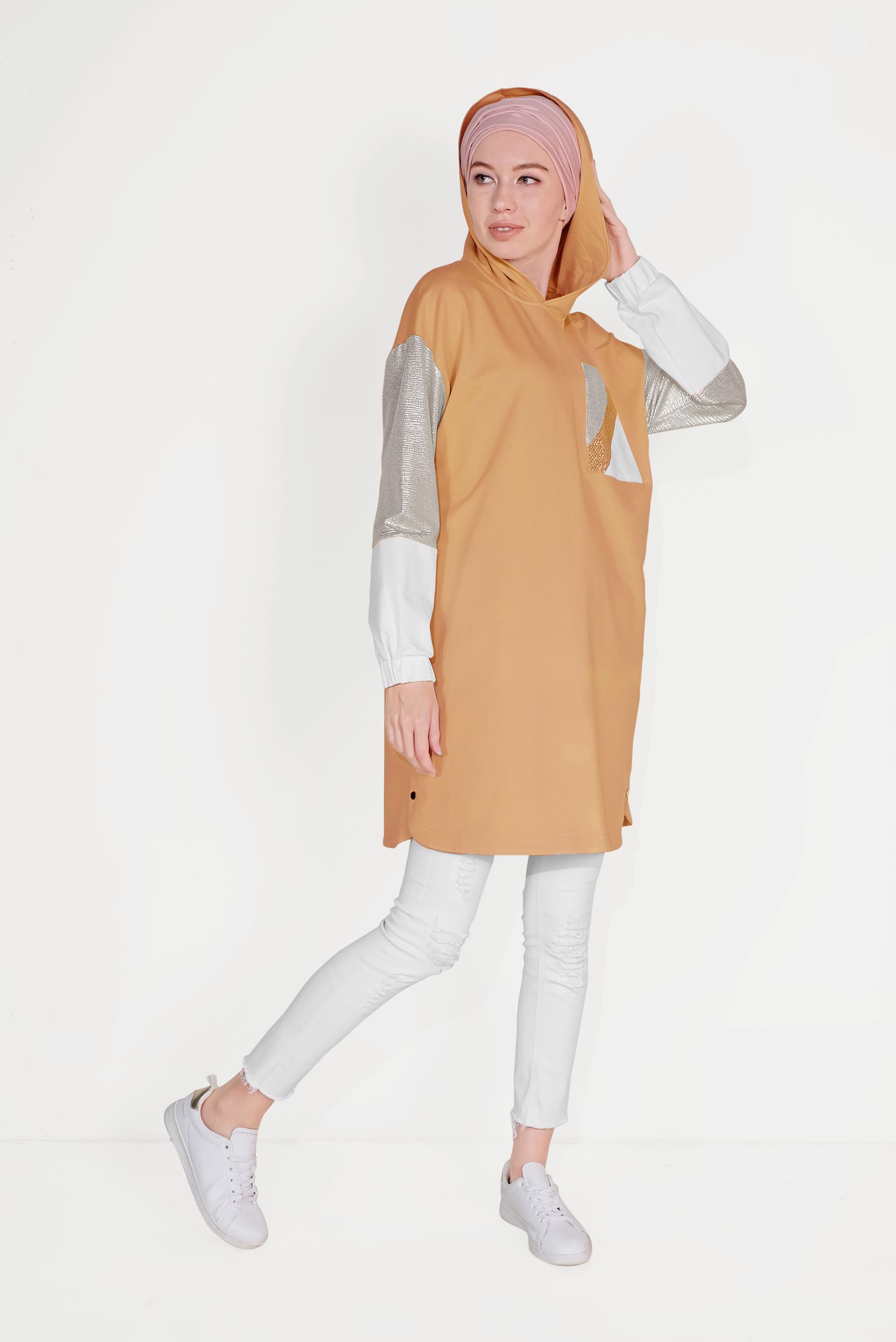 Tesettür giyim KAHVE YANI ÇITÇITLI KAPÜŞONLU EŞOFMAN TUNİK 40608 