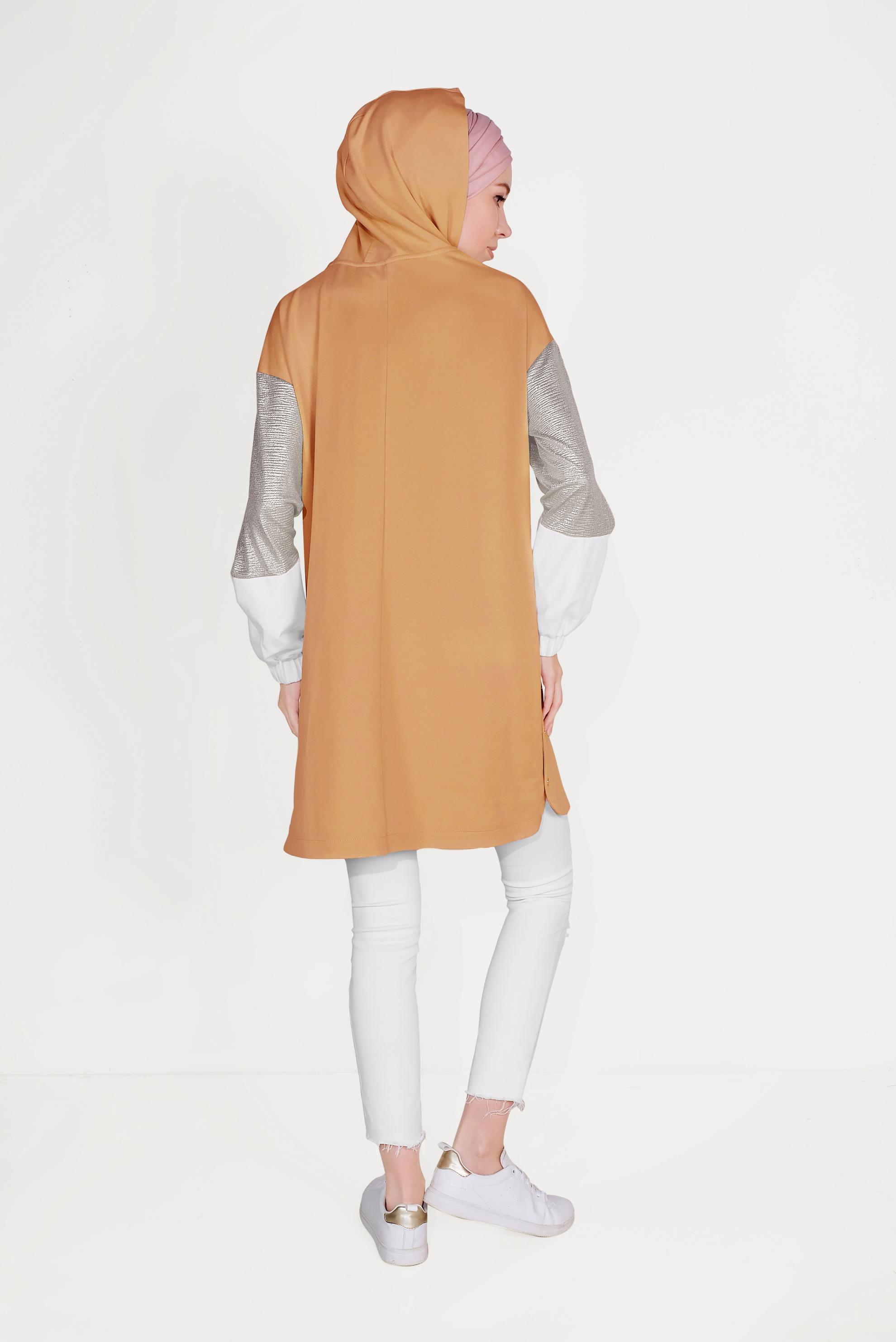 Tesettür giyim KAHVE YANI ÇITÇITLI KAPÜŞONLU EŞOFMAN TUNİK 40608 