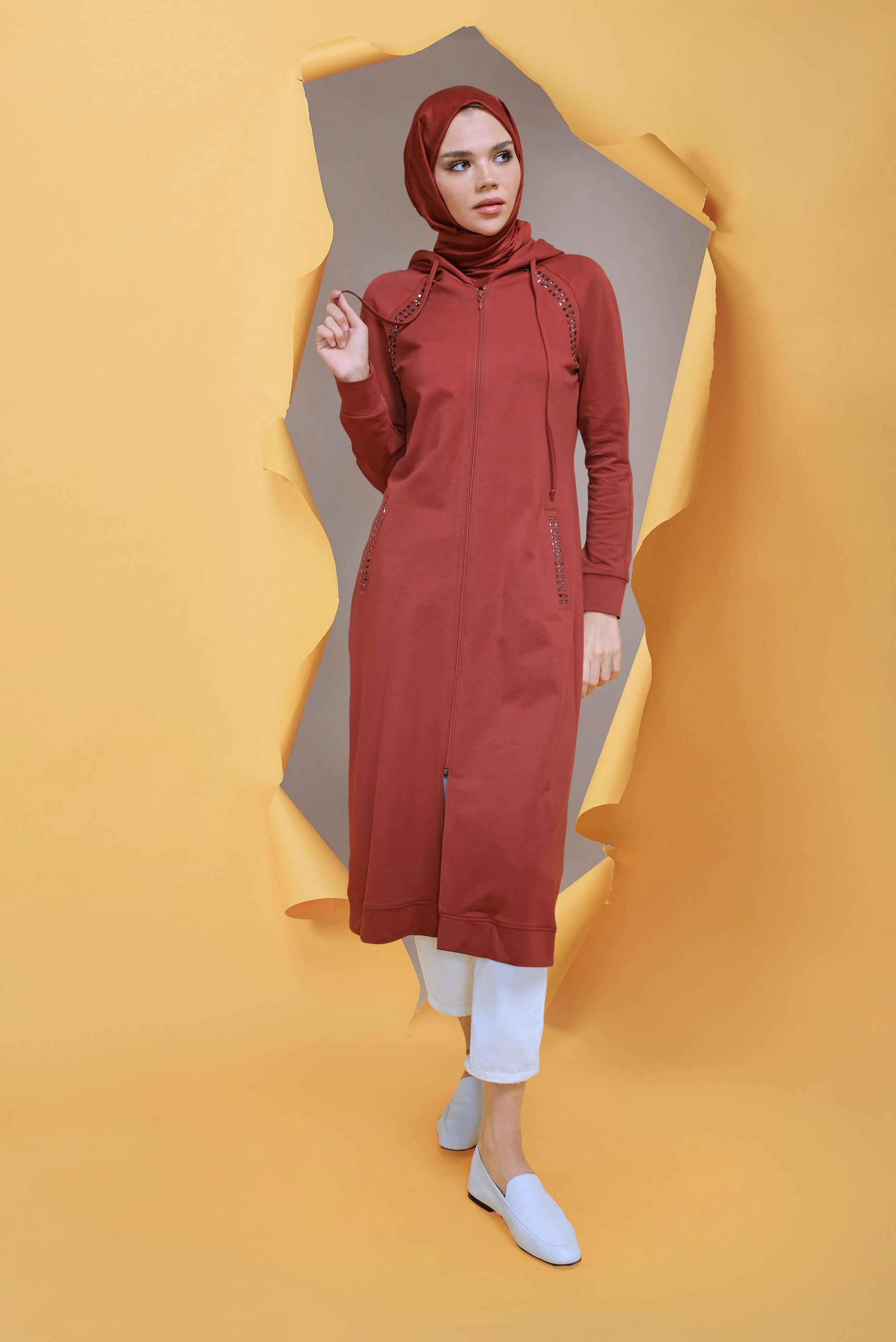 Tesettür giyim TURUNCU TAŞ BASKILI EŞOFMAN TUNİK 40721	