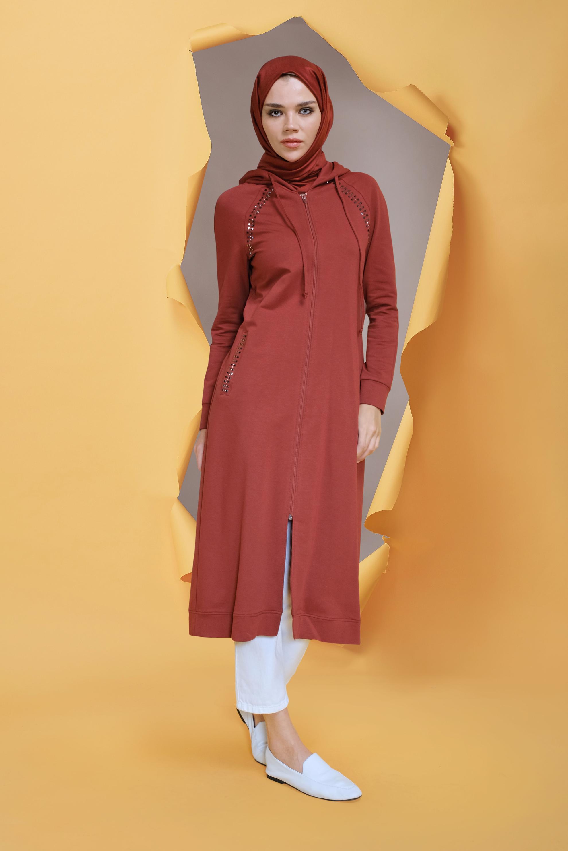 Tesettür giyim TURUNCU TAŞ BASKILI EŞOFMAN TUNİK 40721	