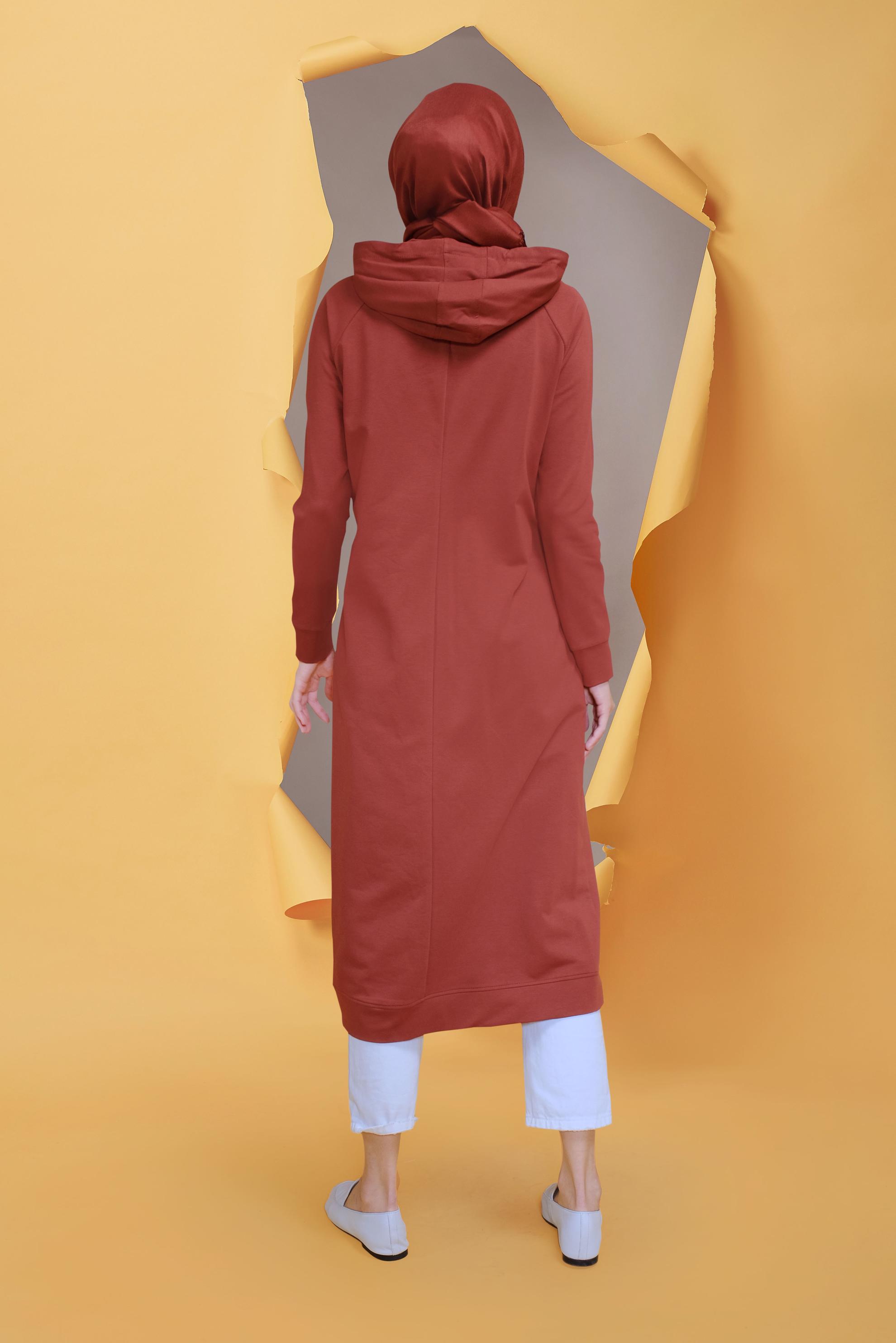 Tesettür giyim TURUNCU TAŞ BASKILI EŞOFMAN TUNİK 40721	