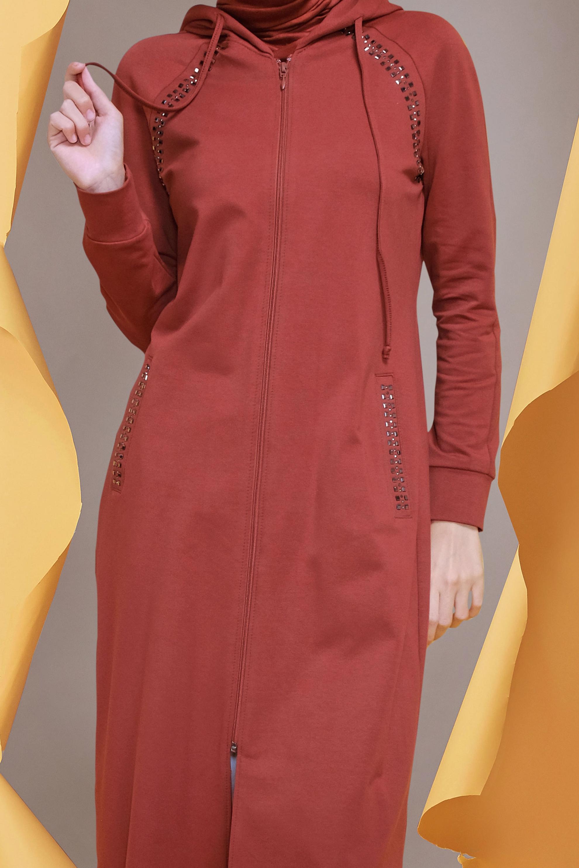 Tesettür giyim TURUNCU TAŞ BASKILI EŞOFMAN TUNİK 40721	