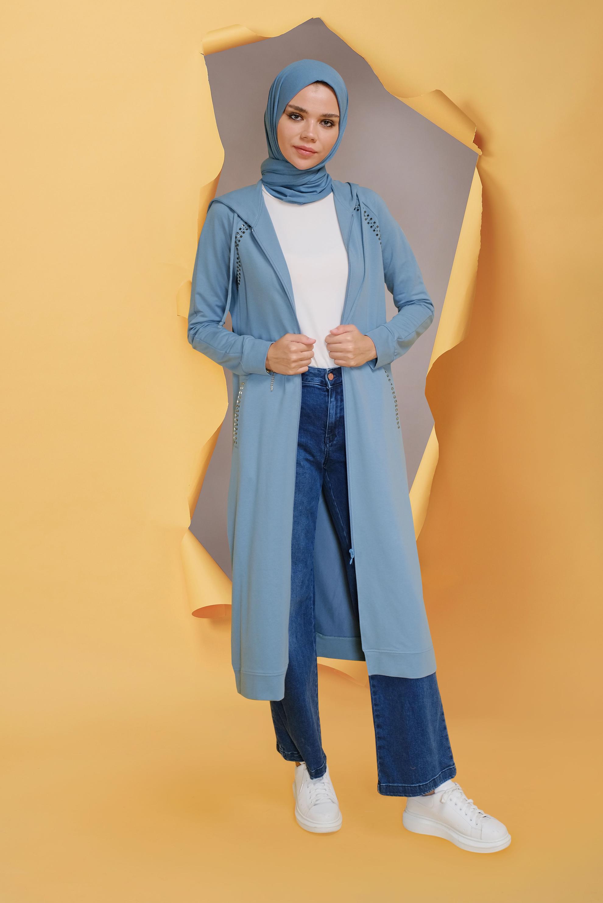 Tesettür giyim MAVİ TAŞ BASKILI EŞOFMAN TUNİK 40721	