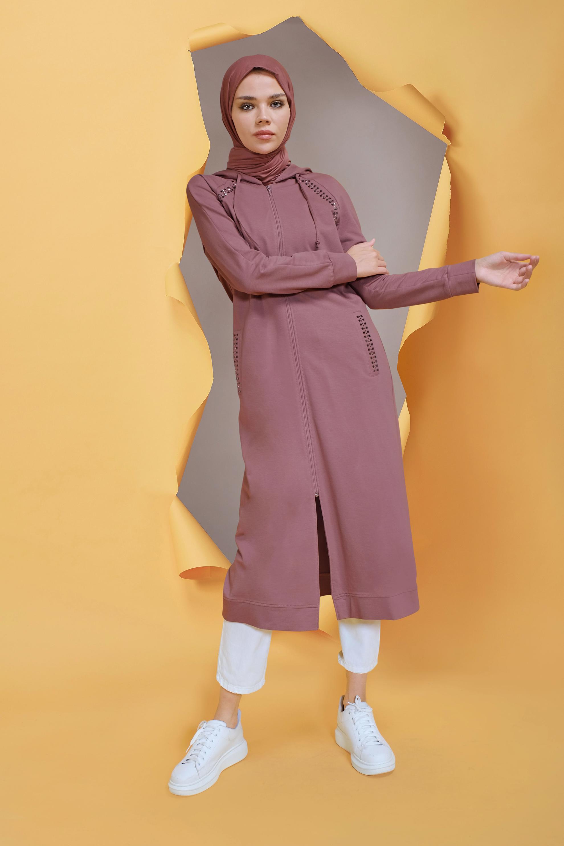 Tesettür giyim PEMBE TAŞ BASKILI EŞOFMAN TUNİK 40721	