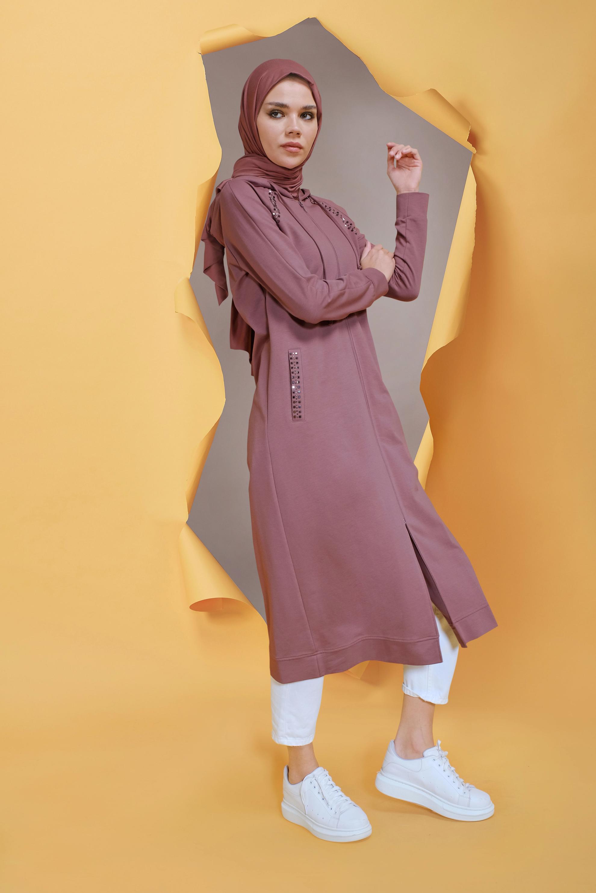 Tesettür giyim PEMBE TAŞ BASKILI EŞOFMAN TUNİK 40721	