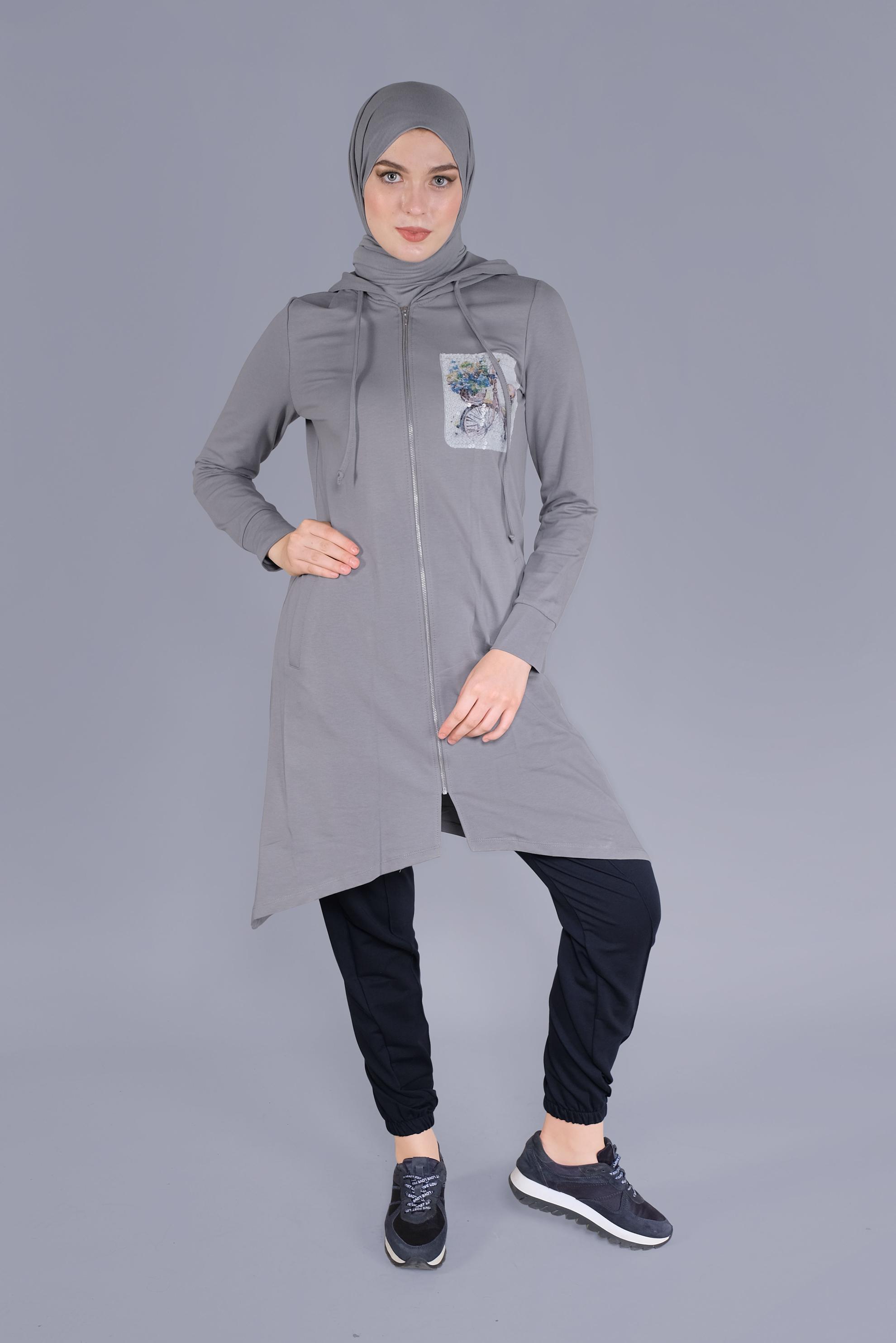 Tesettür giyim GRİ PULLU FERMUARLI  EŞOFMAN TUNİK 40844 