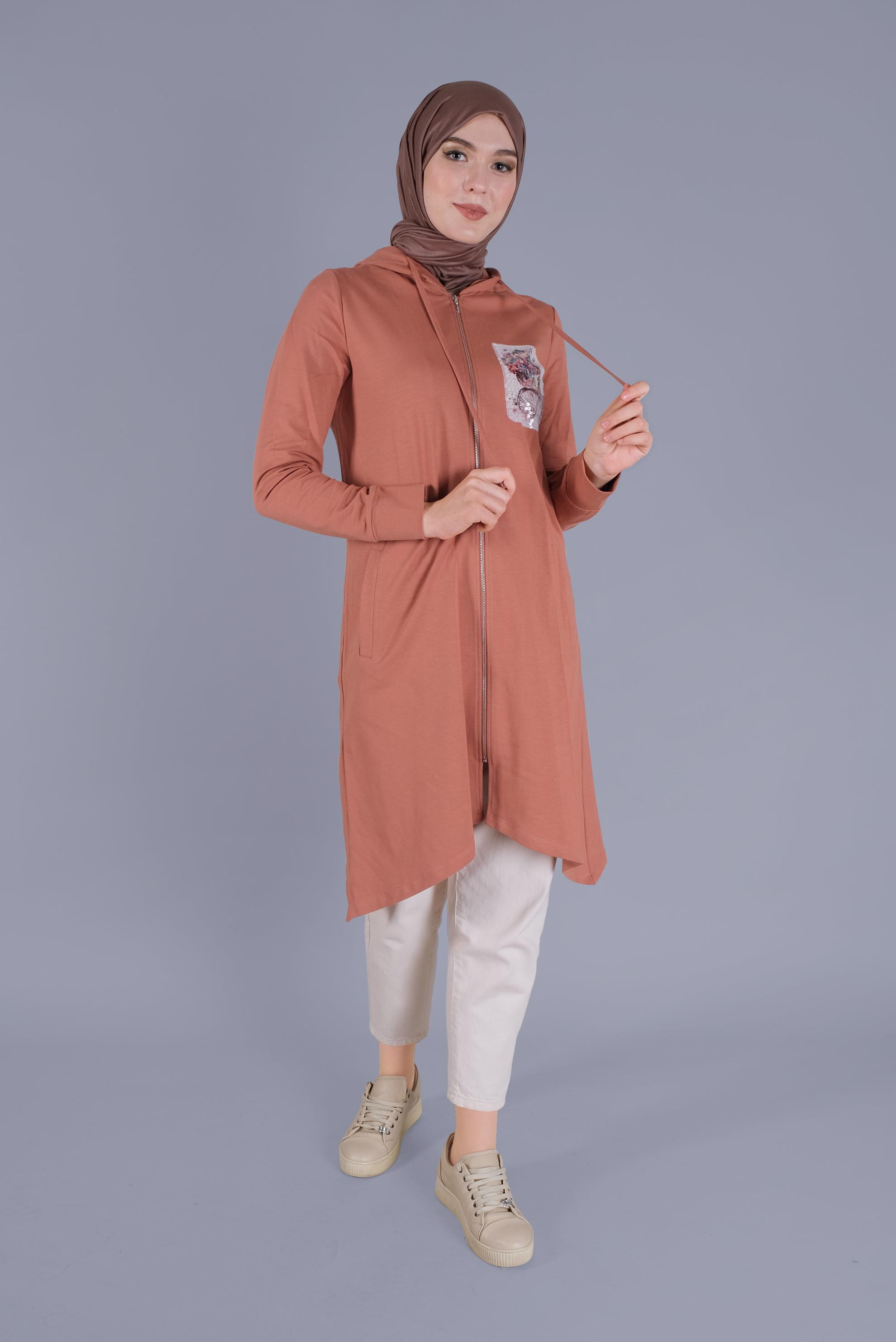 Tesettür giyim TURUNCU PULLU FERMUARLI  EŞOFMAN TUNİK 40844 