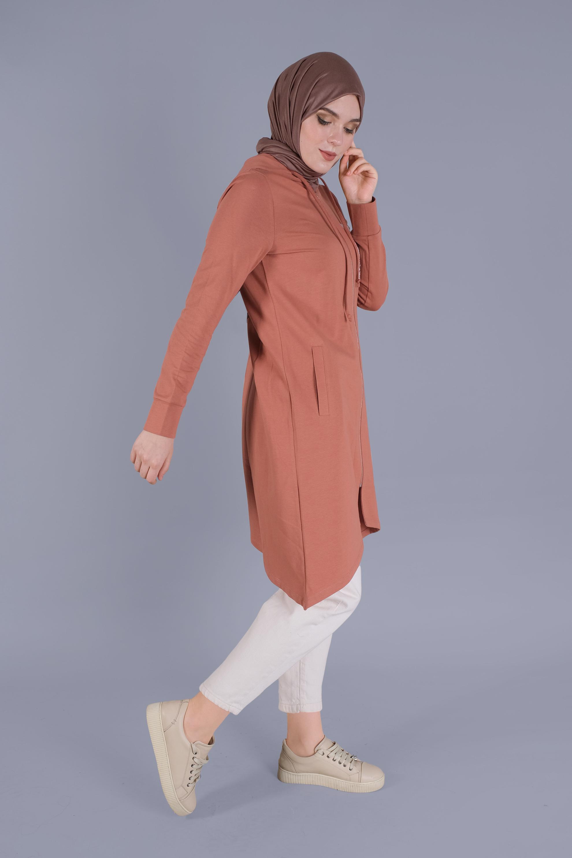 Tesettür giyim TURUNCU PULLU FERMUARLI  EŞOFMAN TUNİK 40844 