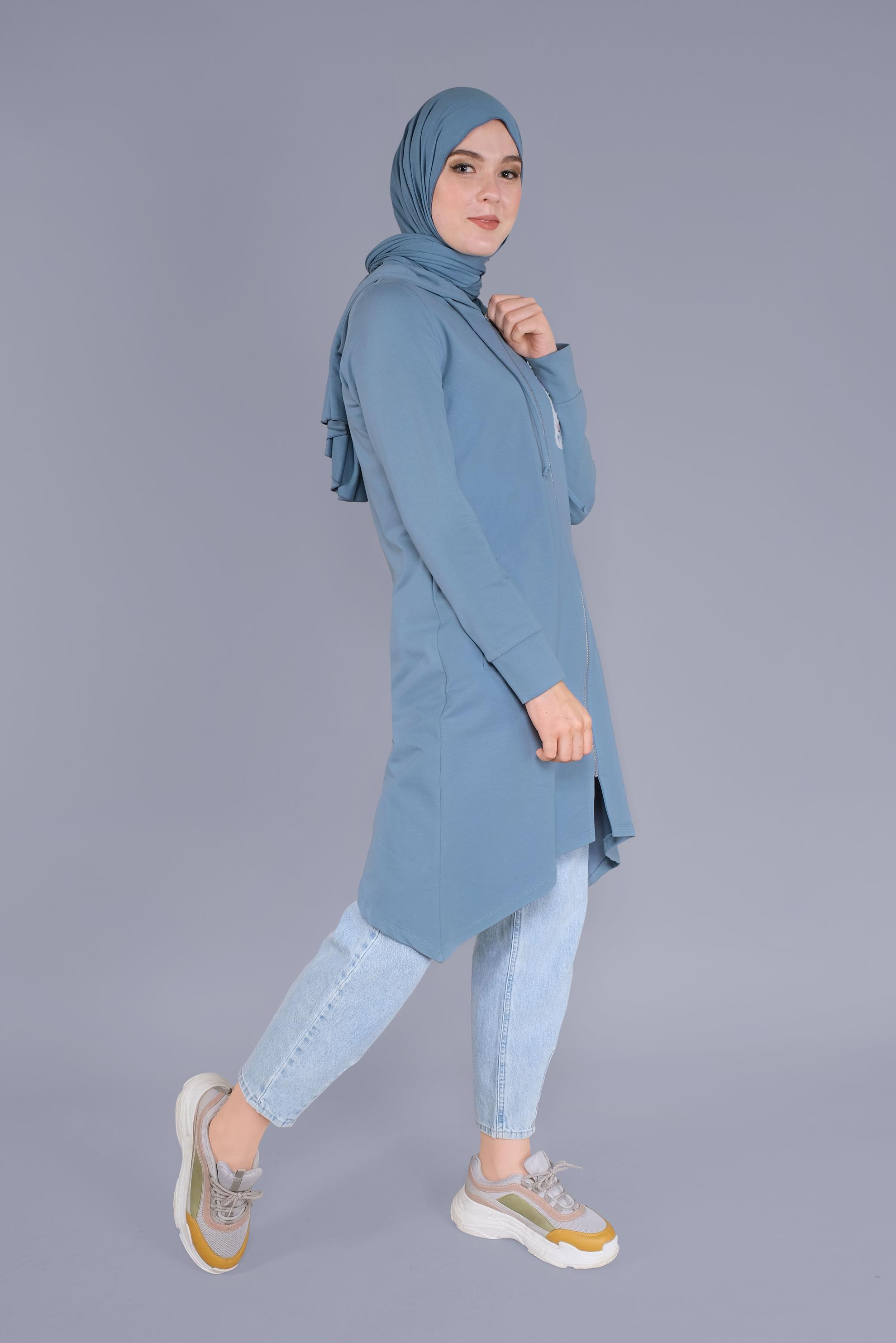Tesettür giyim MAVİ PULLU FERMUARLI  EŞOFMAN TUNİK 40844 