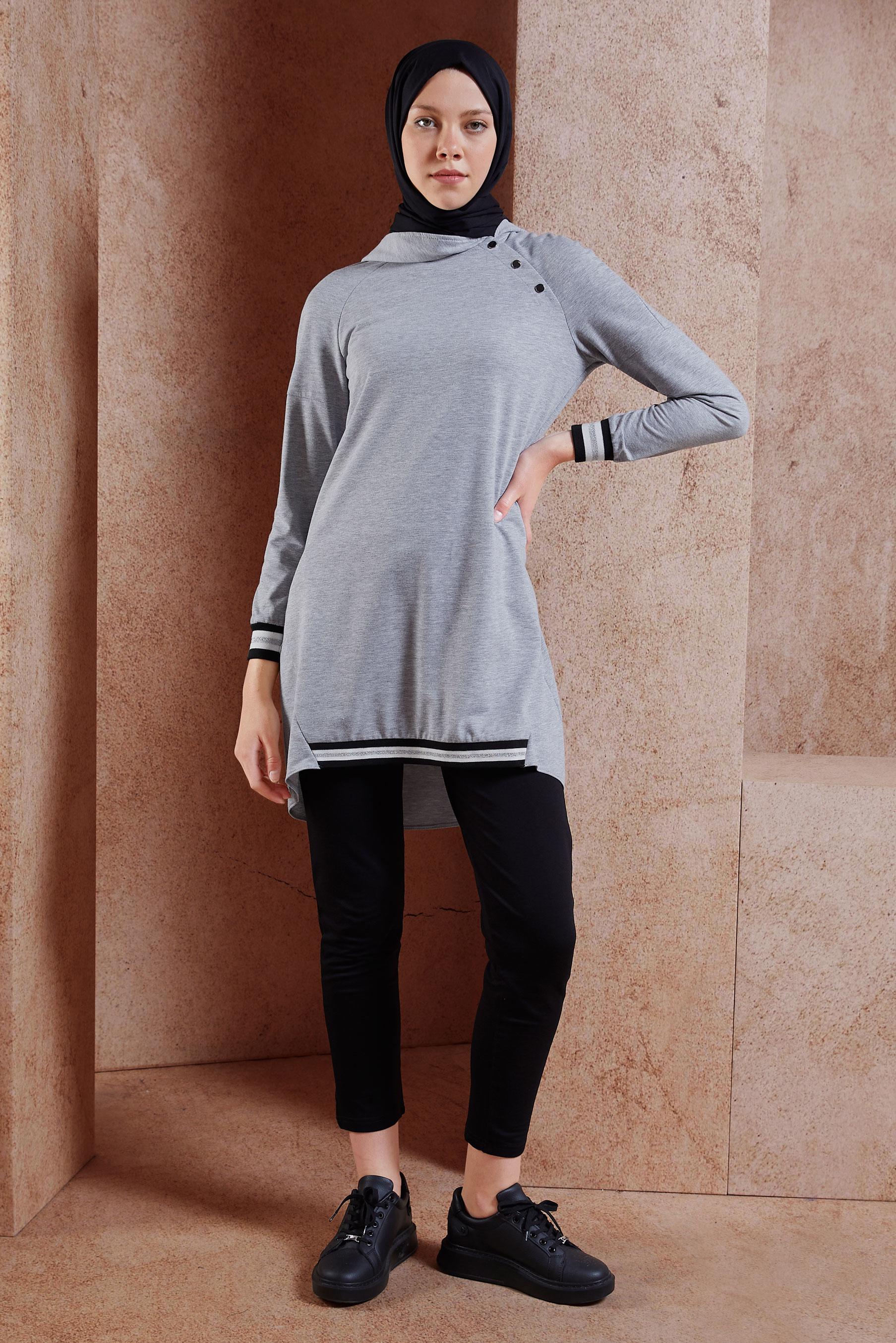 Tesettür giyim GRİ KAPÜŞONLU EŞOFMAN TUNİK 4196