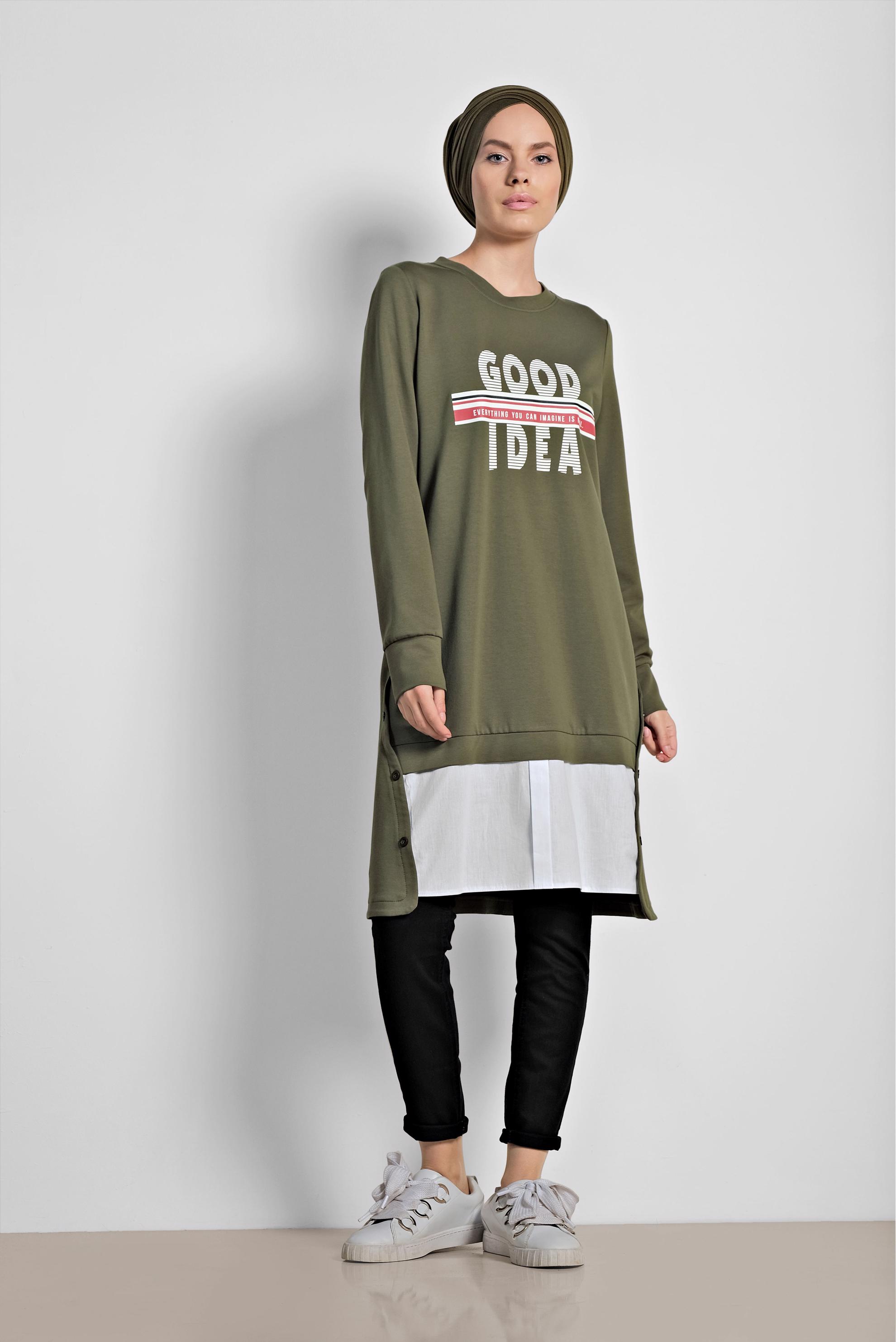 Tesettür giyim HAKİ YANDAN DÜĞME DETAYLI SPOR TUNİK 4896	