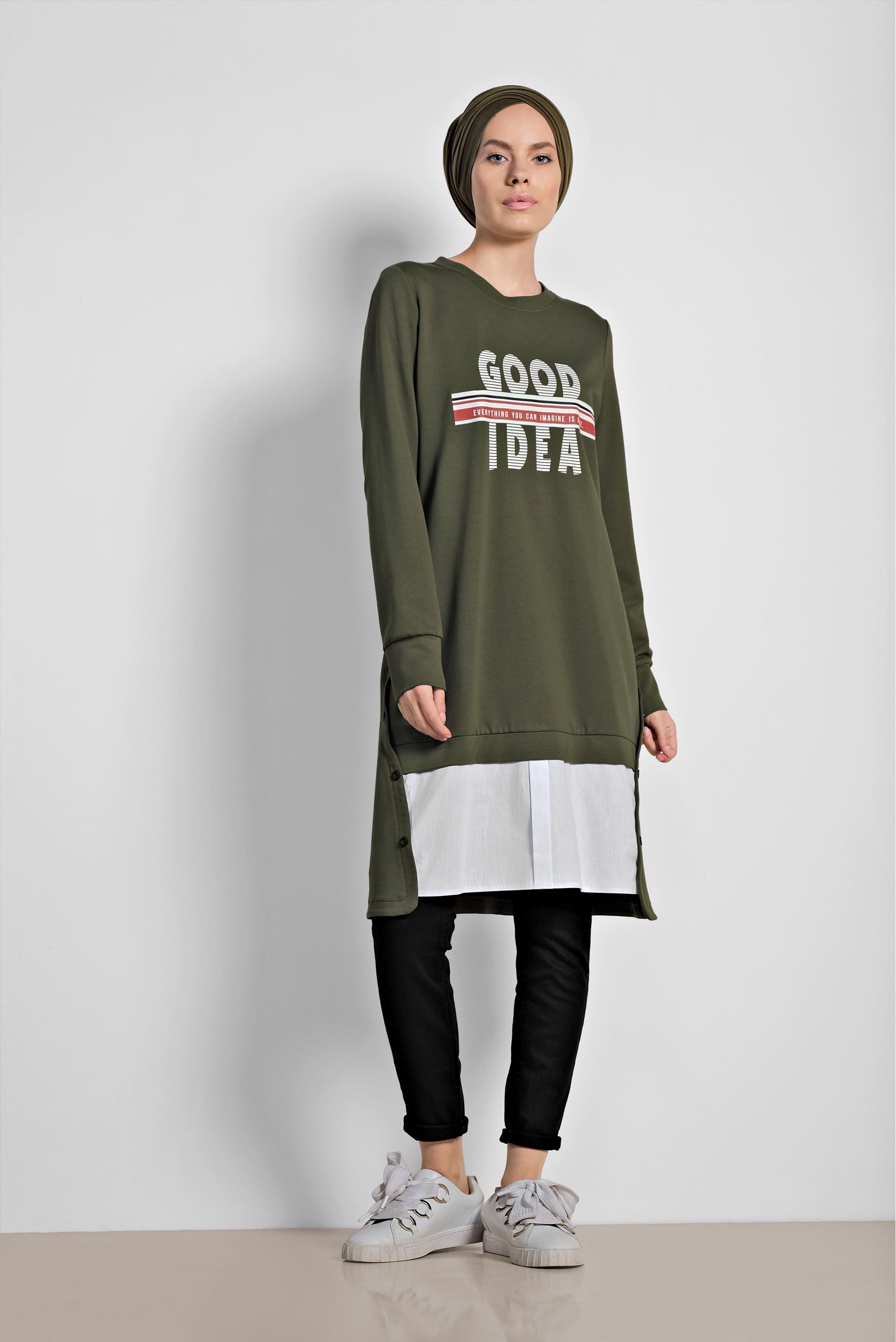 Tesettür giyim HAKİ YANDAN DÜĞME DETAYLI SPOR TUNİK 4896	