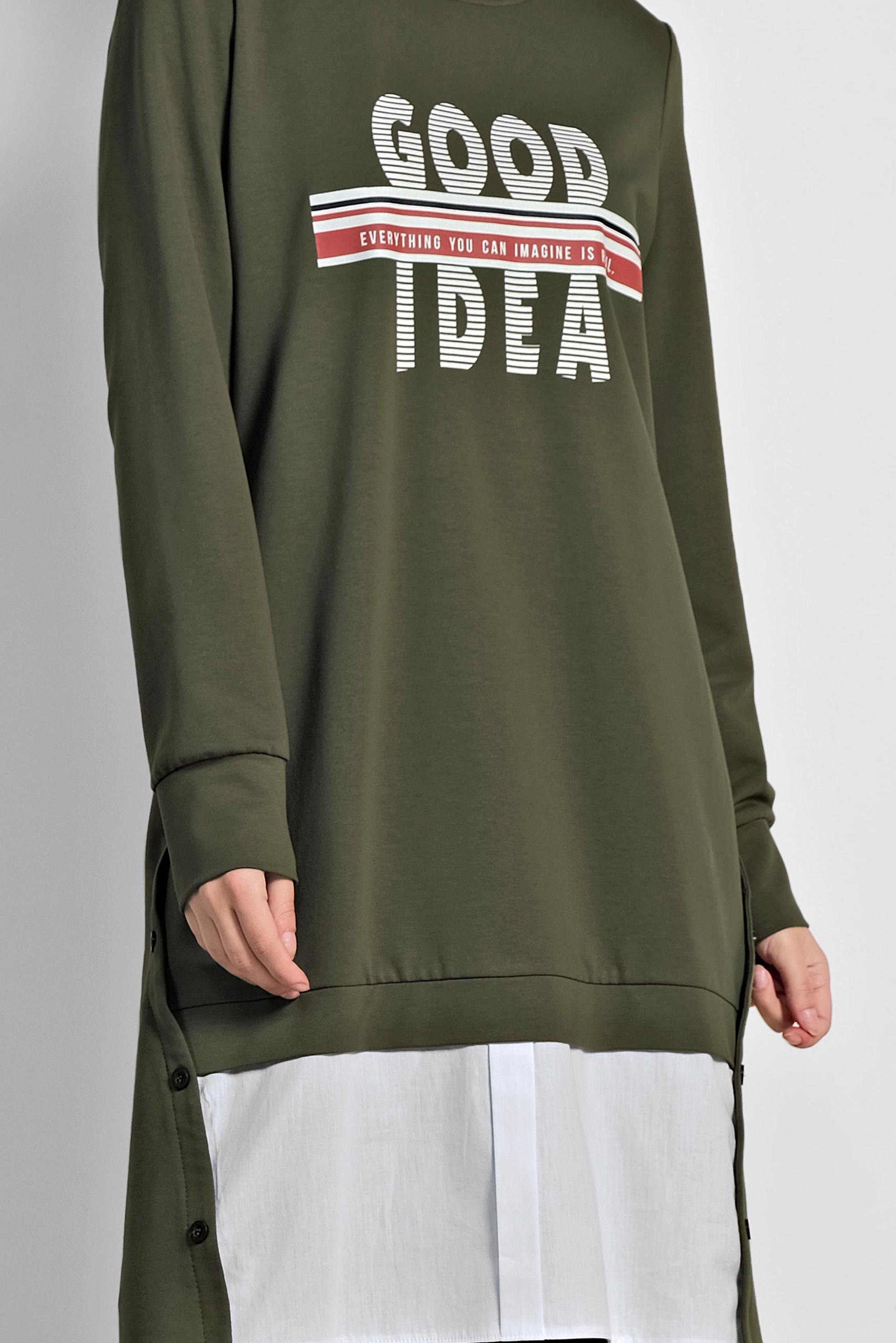 Tesettür giyim HAKİ YANDAN DÜĞME DETAYLI SPOR TUNİK 4896	