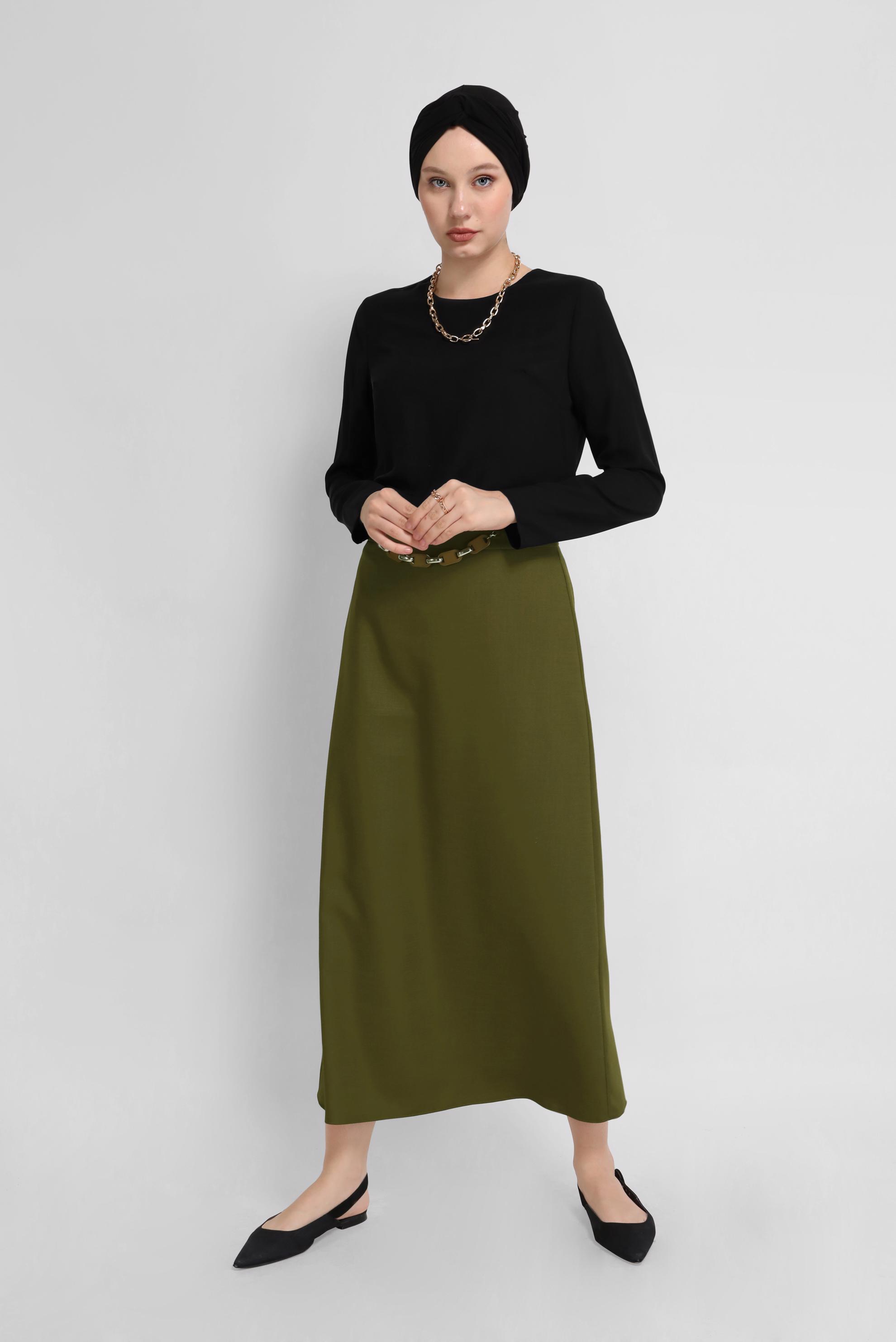 Tesettür giyim HAKİ ZİNCİR DETAYLI ETEK 60083