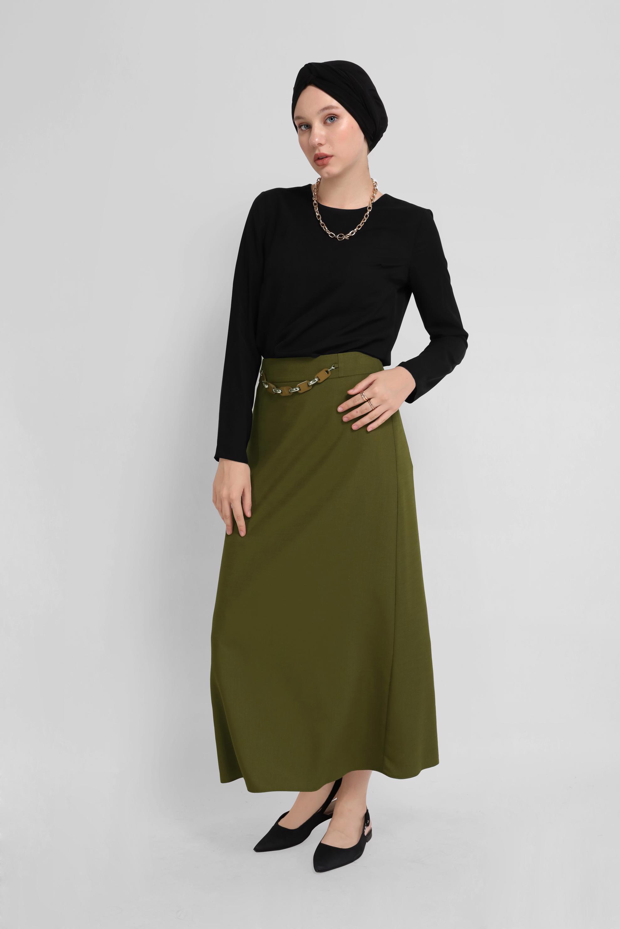 Tesettür giyim HAKİ ZİNCİR DETAYLI ETEK 60083