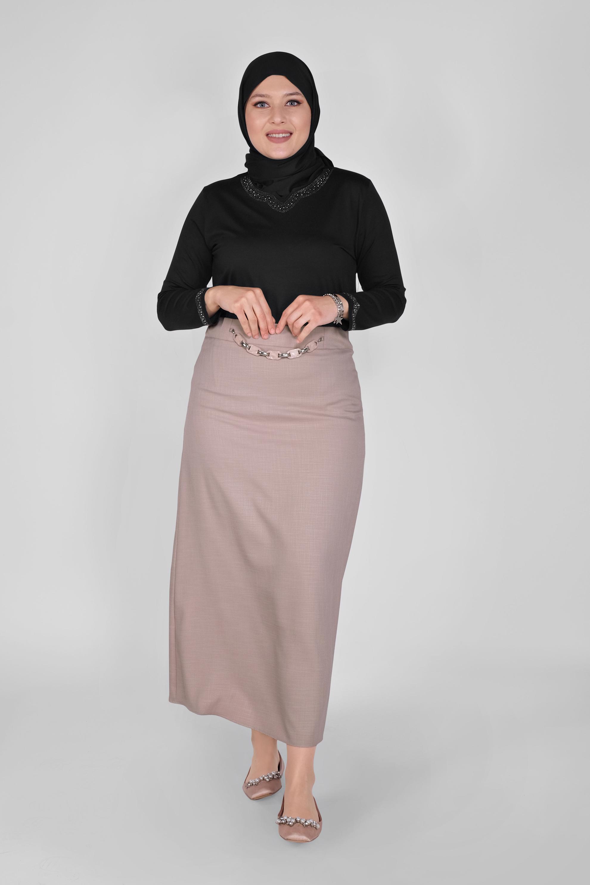 Tesettür giyim PUDRA ZİNCİR DETAYLI ETEK 60083