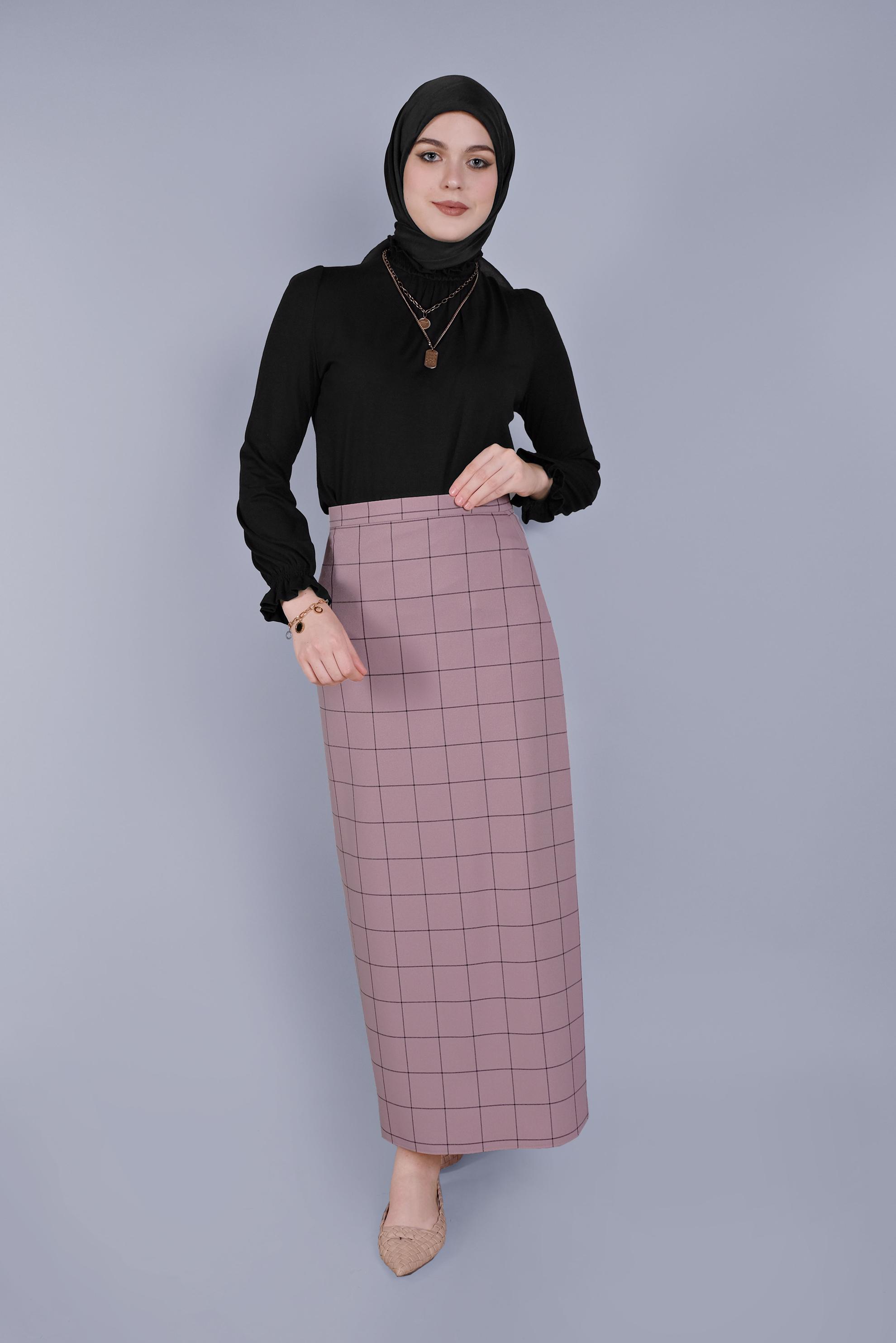 Tesettür giyim PUDRA KARELİ KALEM ETEK 60092 