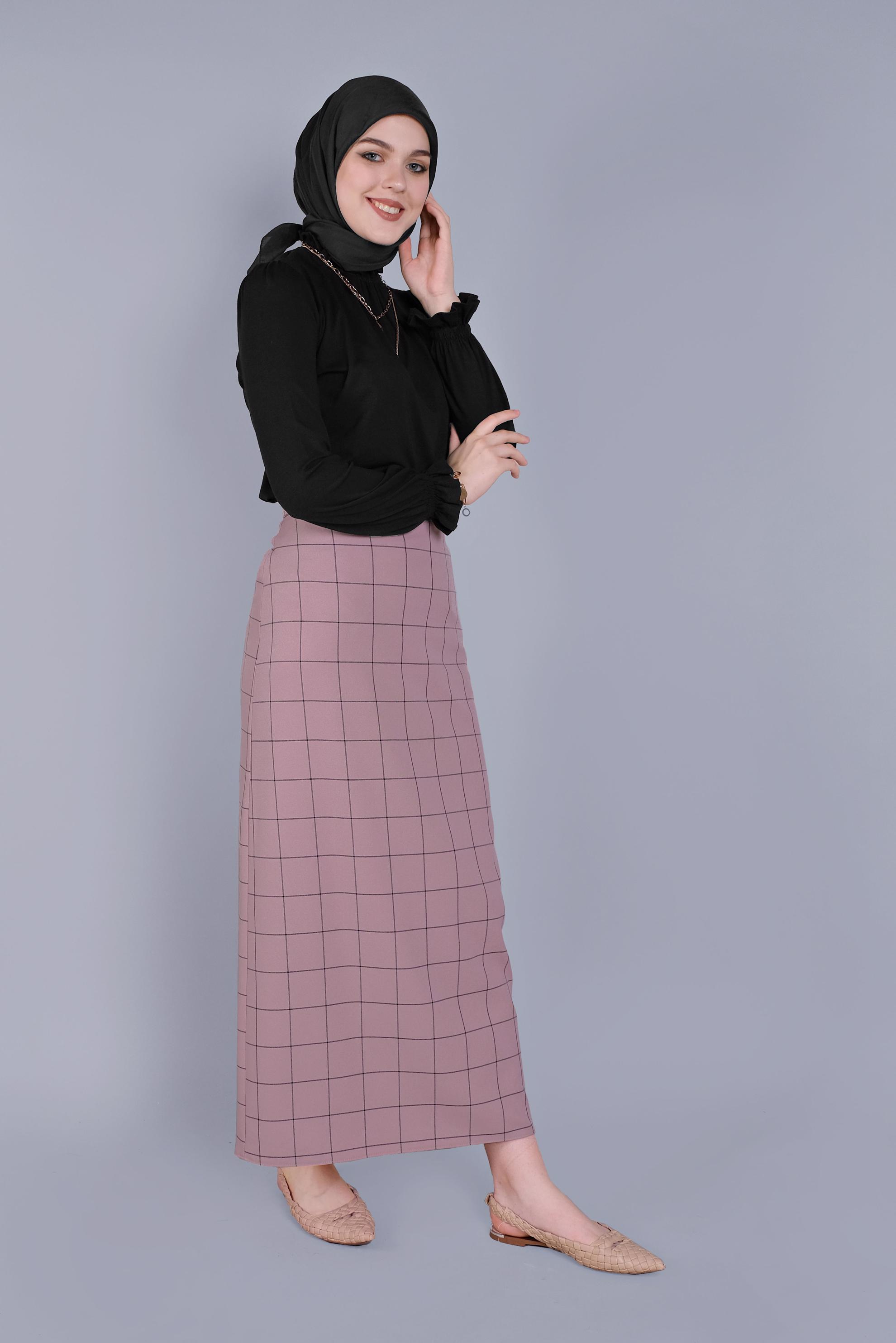 Tesettür giyim PUDRA KARELİ KALEM ETEK 60092 
