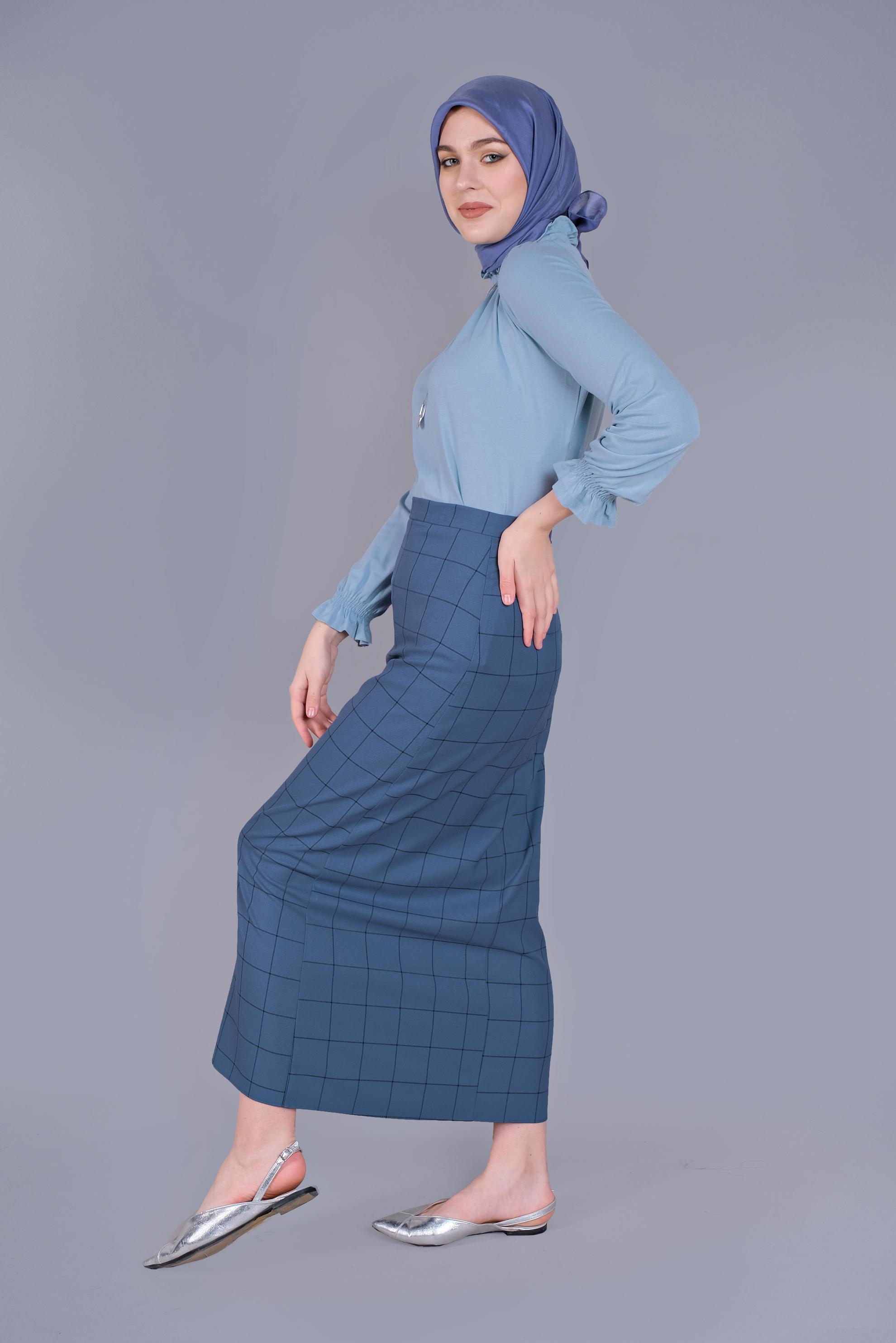 Tesettür giyim LACİVERT KARELİ KALEM ETEK 60092 