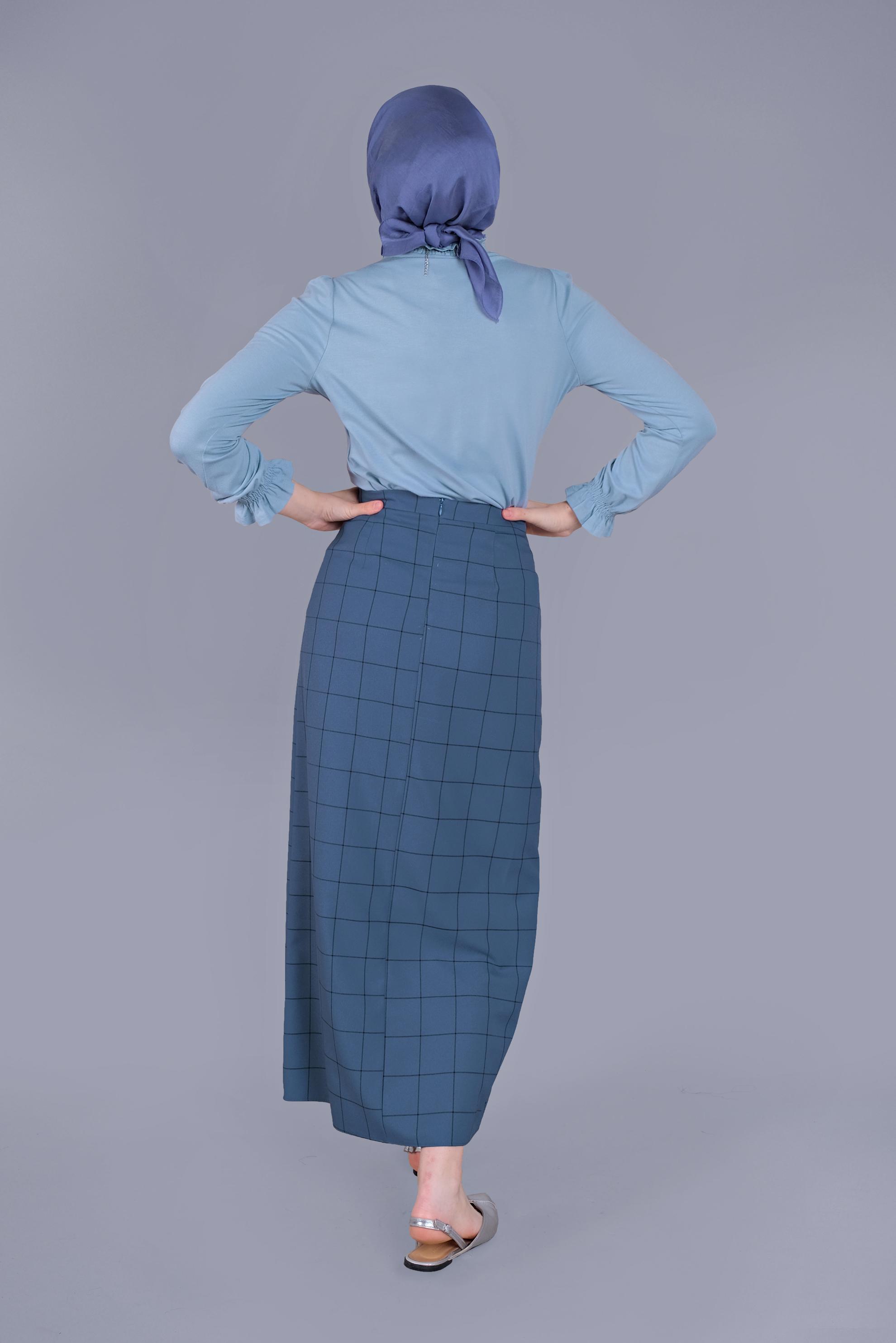 Tesettür giyim LACİVERT KARELİ KALEM ETEK 60092 