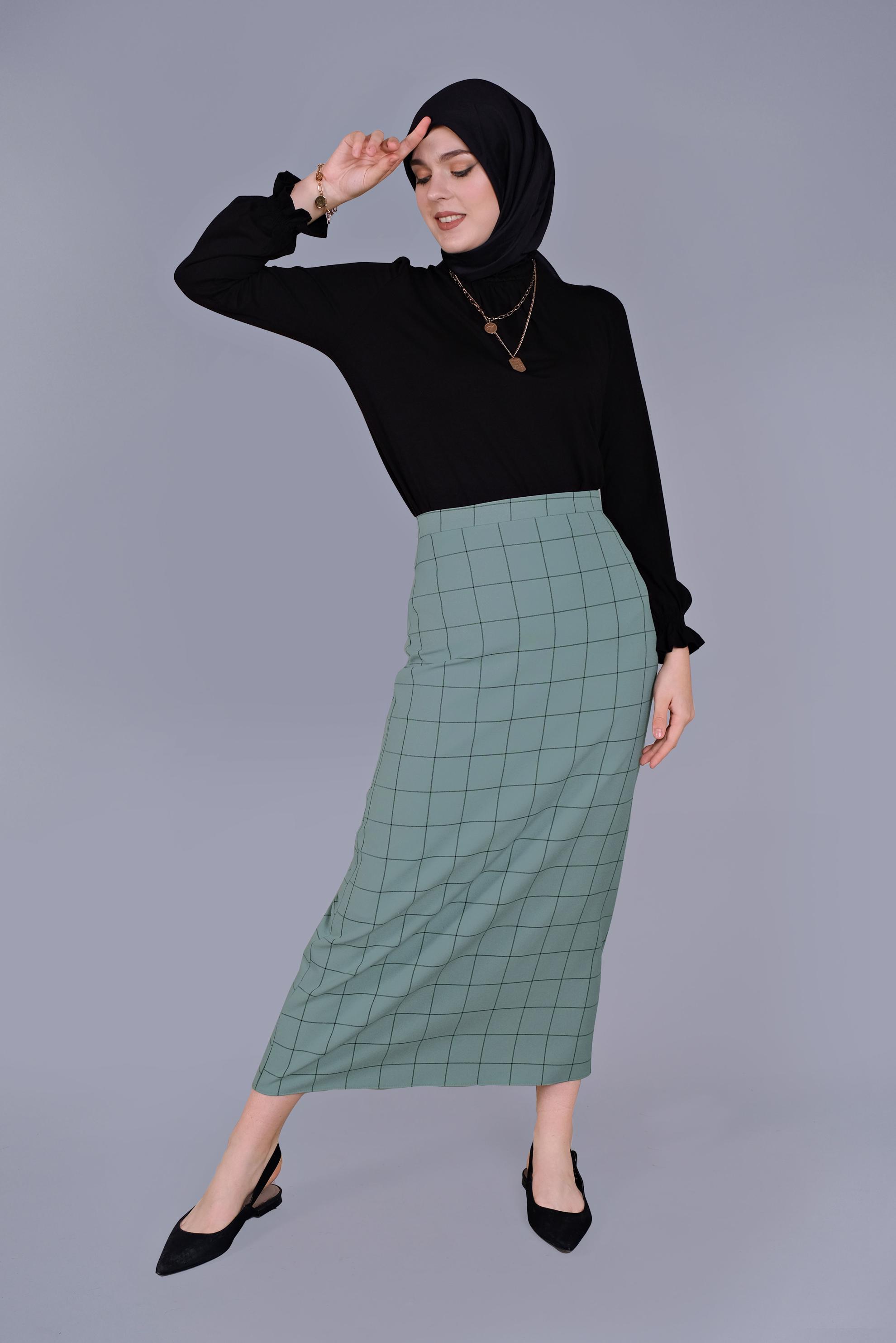 Tesettür giyim YEŞİL KARELİ KALEM ETEK 60092 