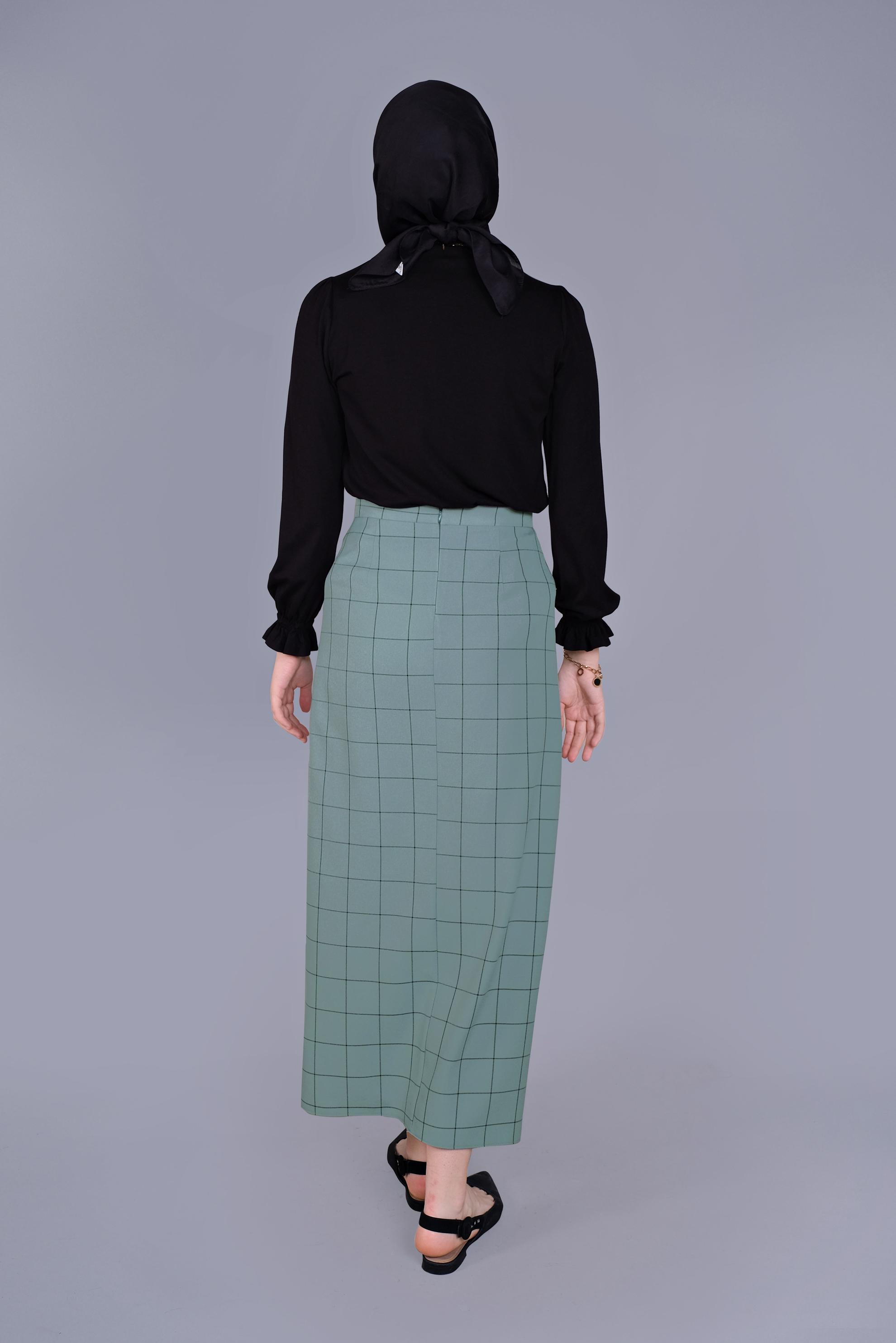 Tesettür giyim YEŞİL KARELİ KALEM ETEK 60092 