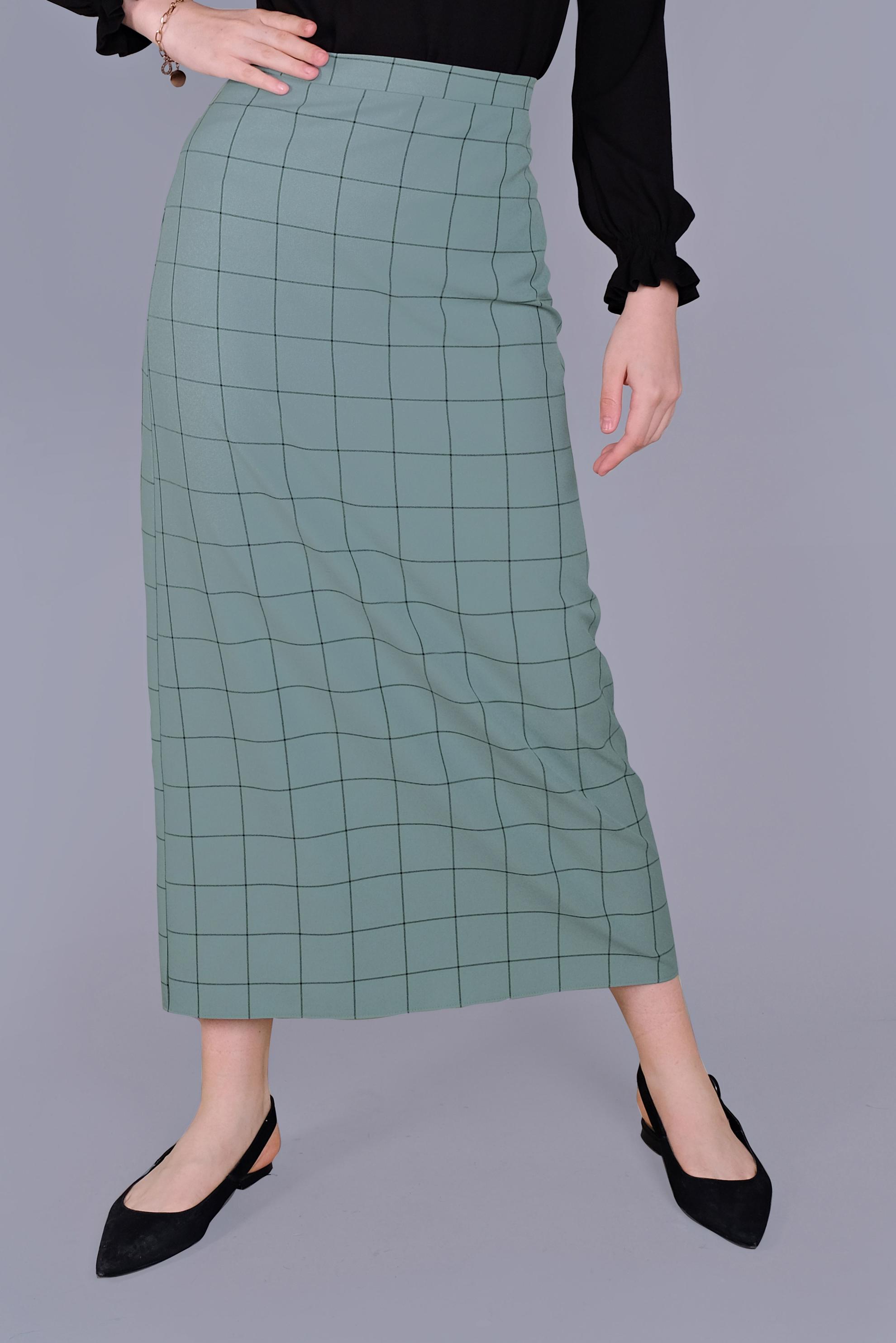 Tesettür giyim YEŞİL KARELİ KALEM ETEK 60092 