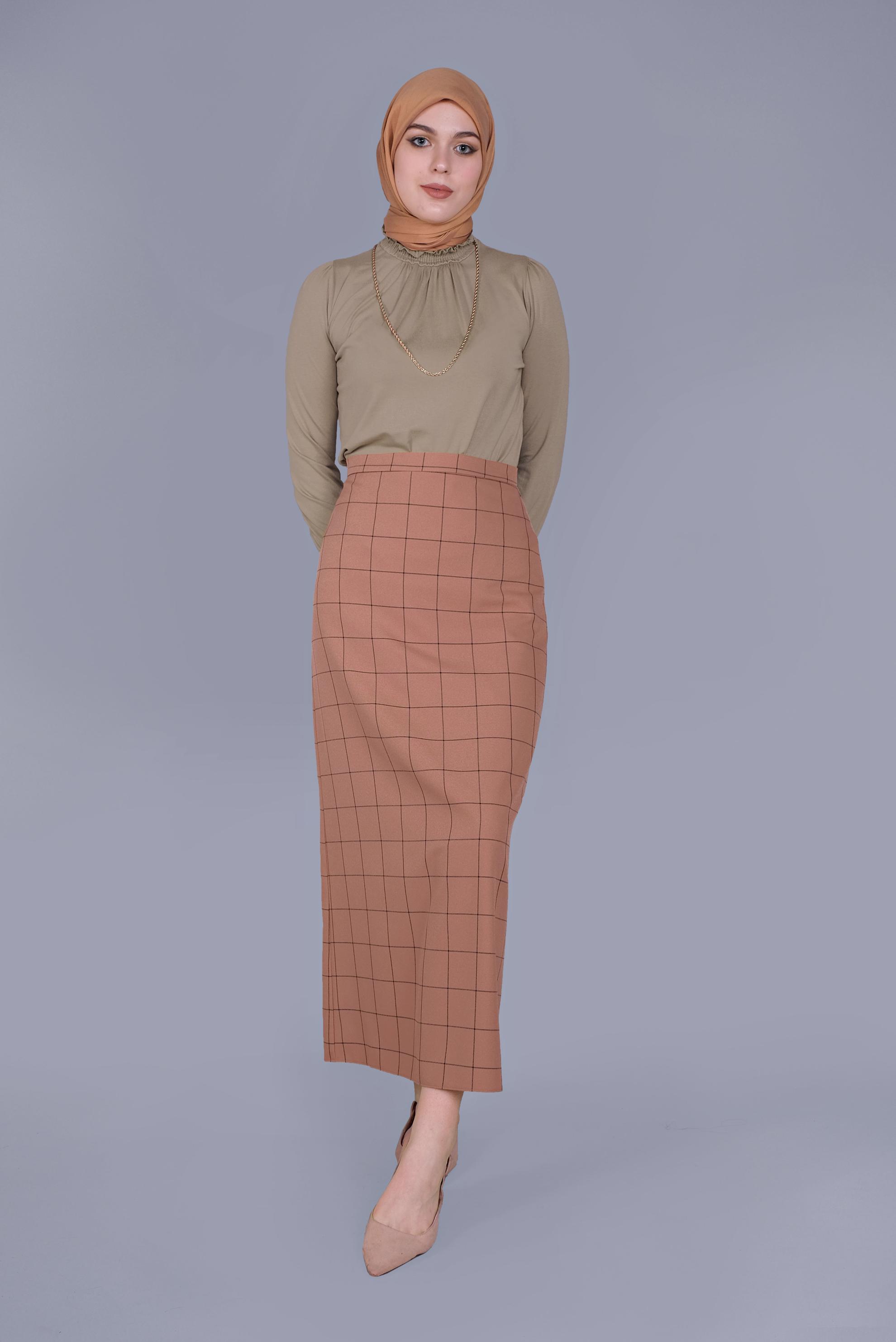 Tesettür giyim KAHVE KARELİ KALEM ETEK 60092 