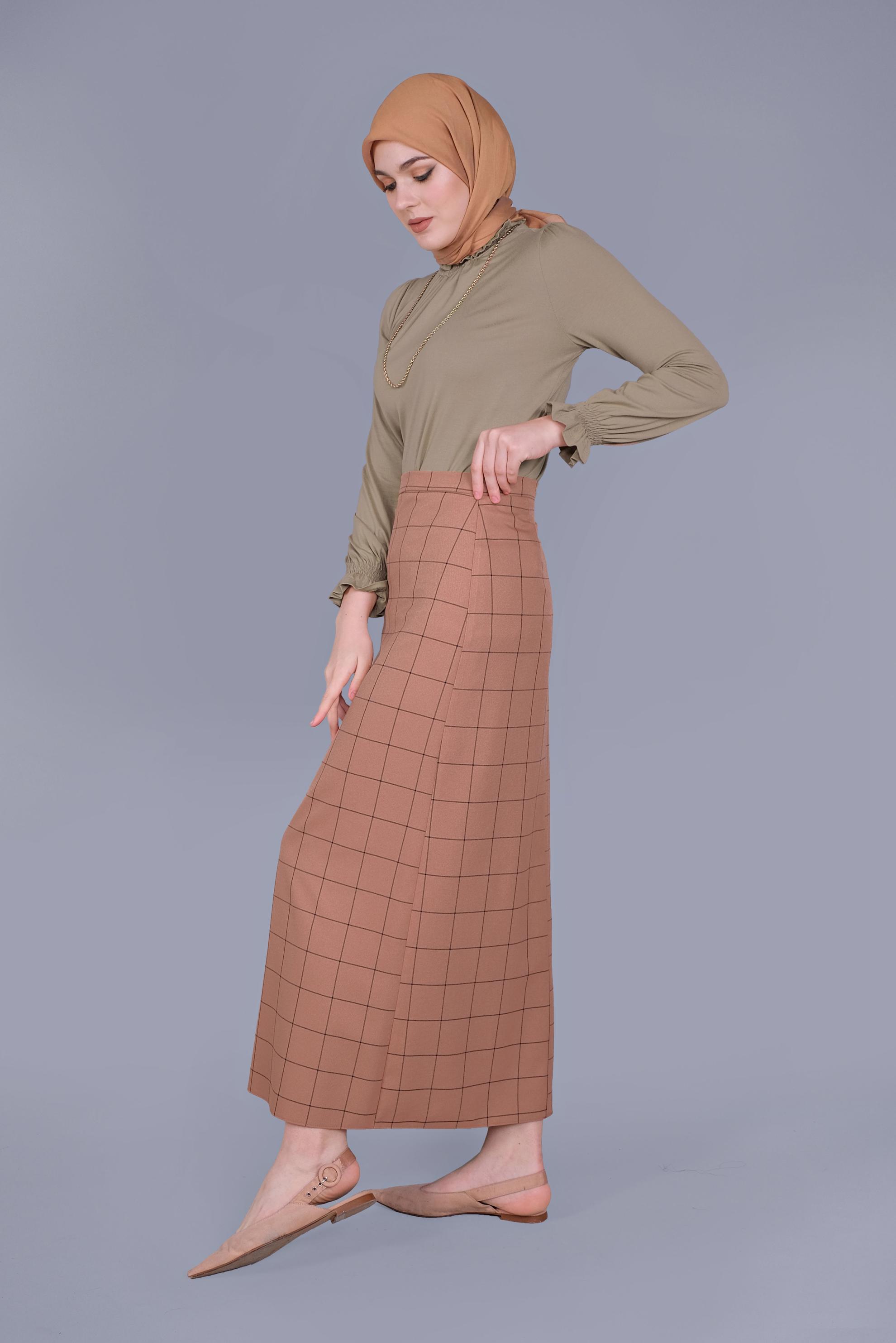 Tesettür giyim KAHVE KARELİ KALEM ETEK 60092 