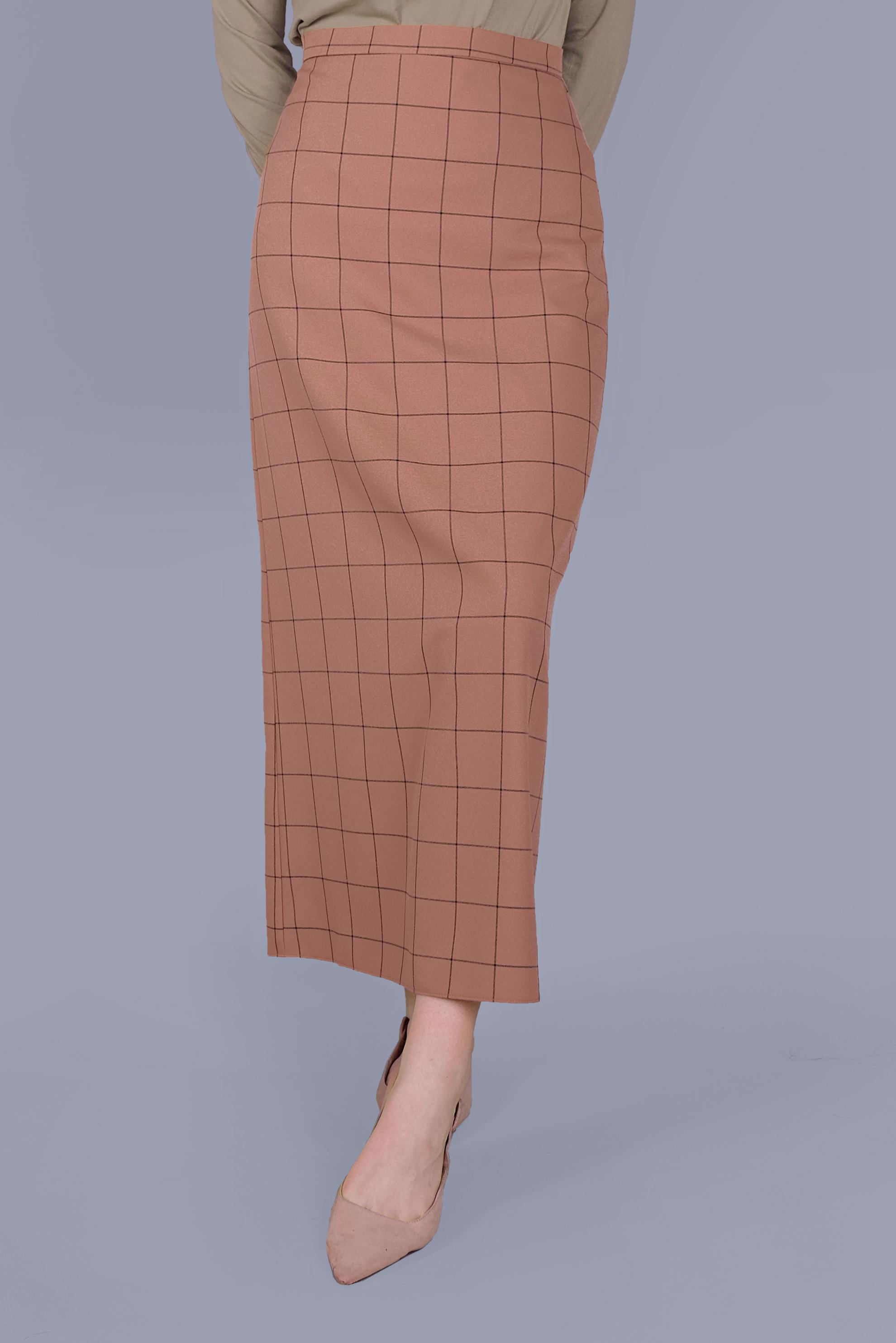 Tesettür giyim KAHVE KARELİ KALEM ETEK 60092 