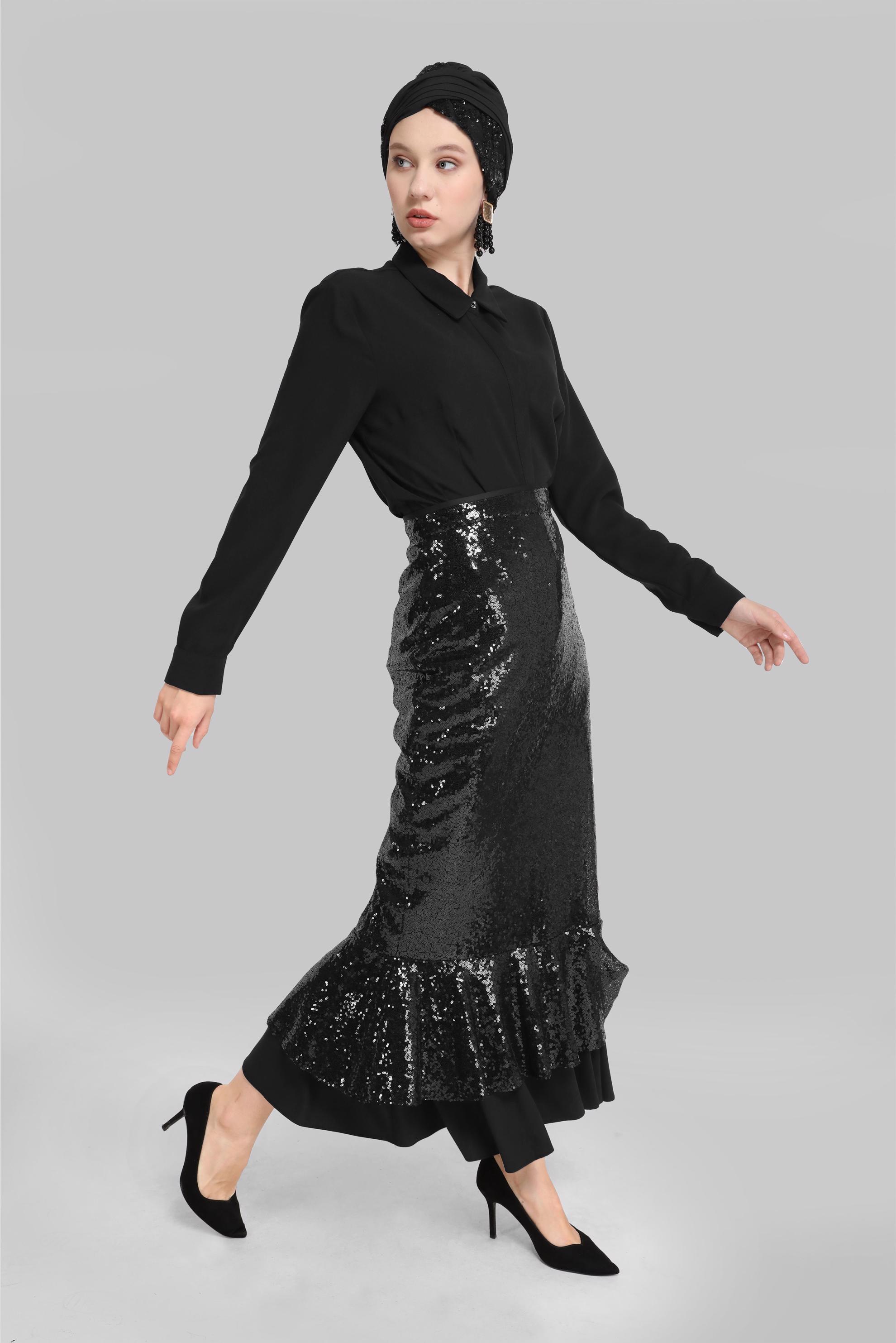 Tesettür giyim SİYAH PUL PAYET DETAYLI VOLANLI ETEK 60094 